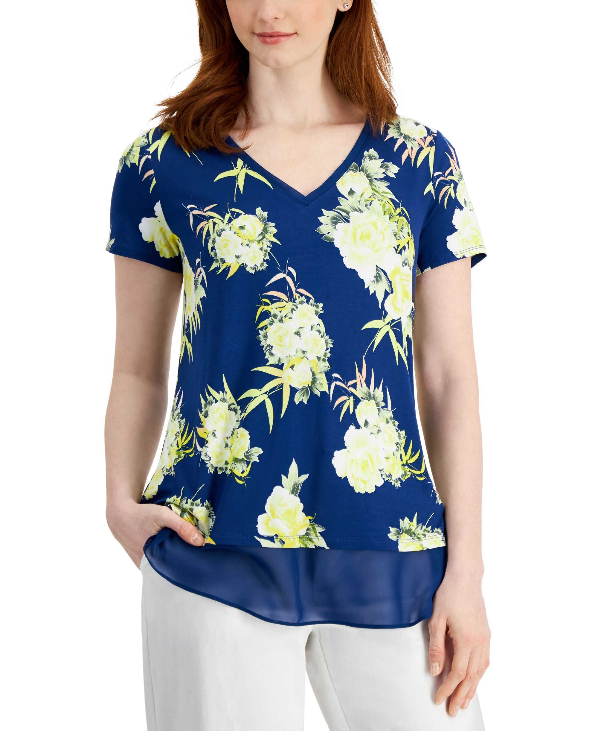 JM Collection Womens V-Neck Short Sleeve Floral Layered-Look Top
