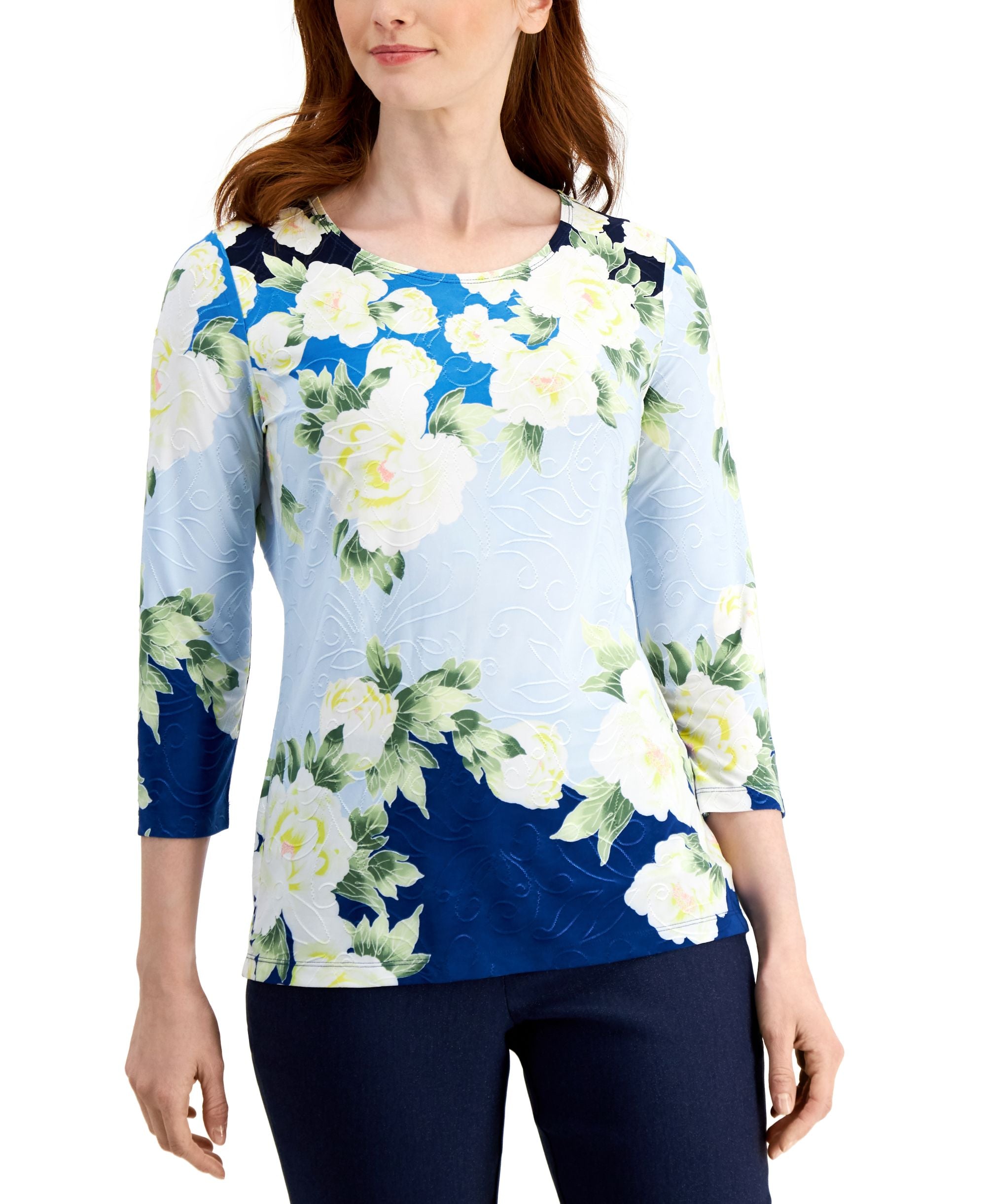 JM Collection Petite Printed Jacquard Top