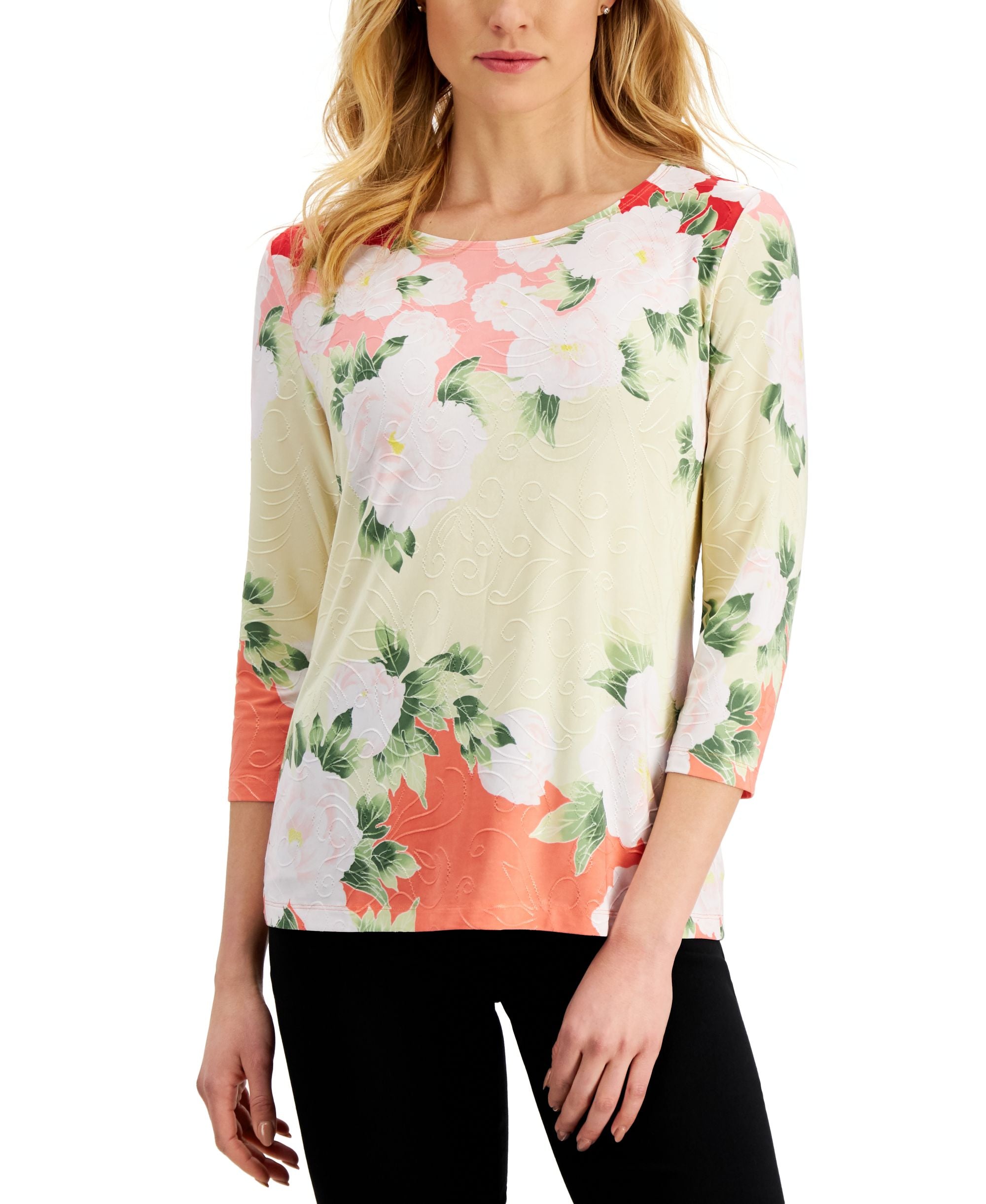JM Collection Womens Floral Jacquard Top