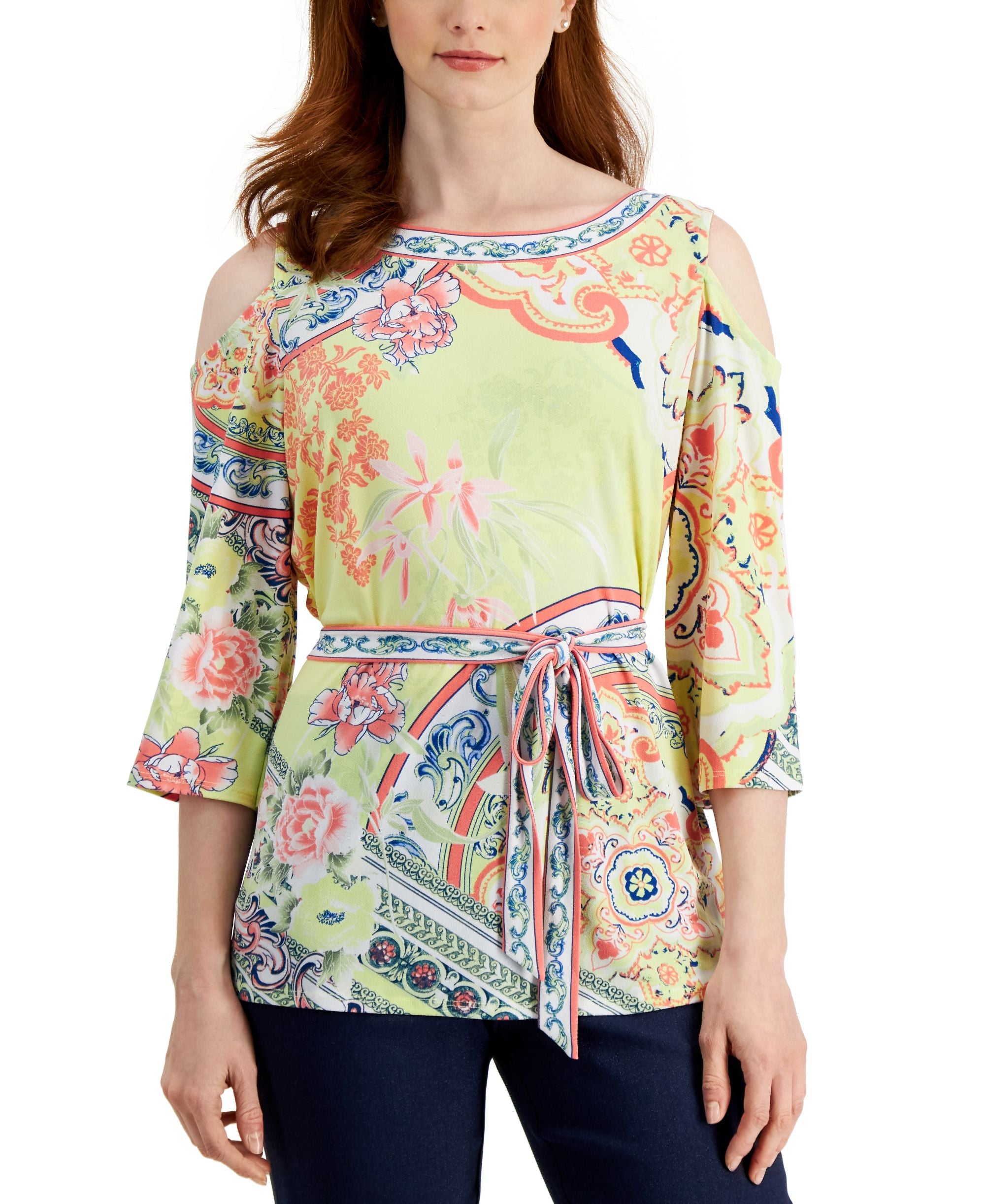 JM Collection Womens Belted Cold-Shoulder Top