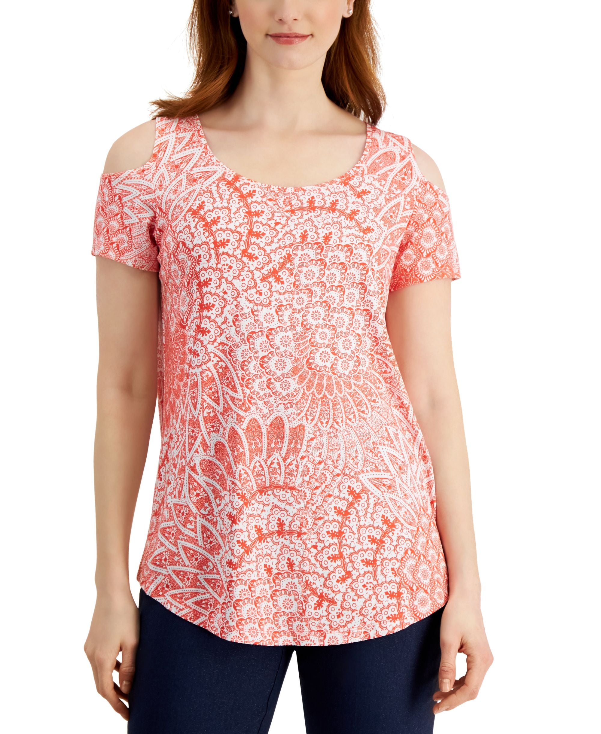 JM Collection Womens Printed Cold-Shoulder Top