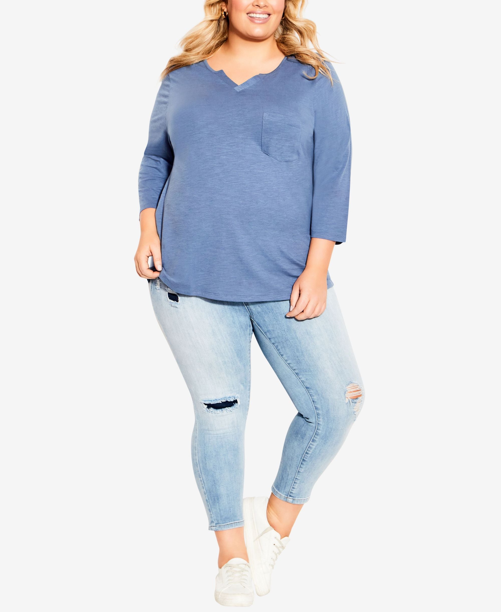 Plus Size Notch Neck 3/4 Sleeve Plain T-shirt