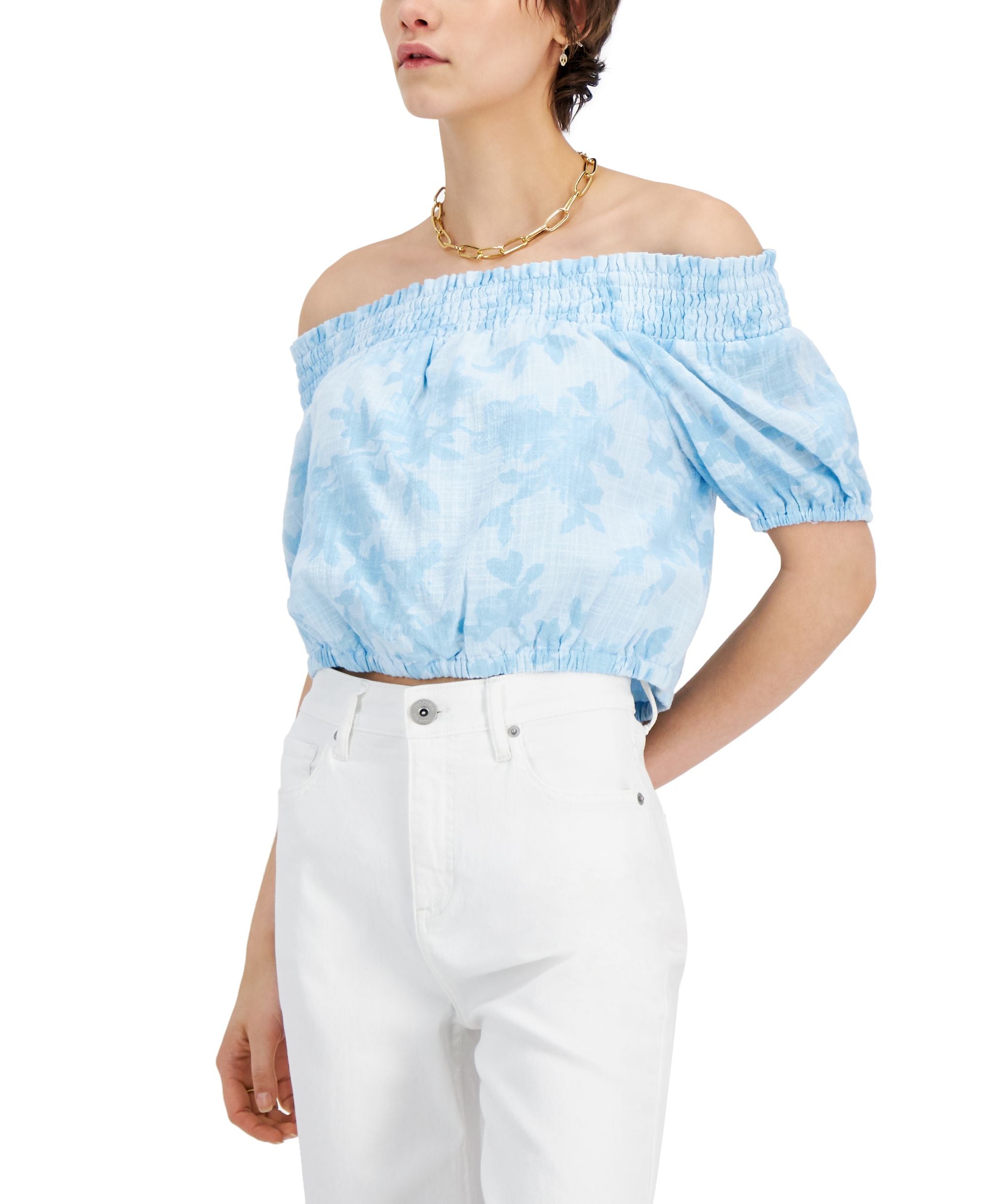 INC International Concepts Womens Smocked Off The Shoulder Crop Top