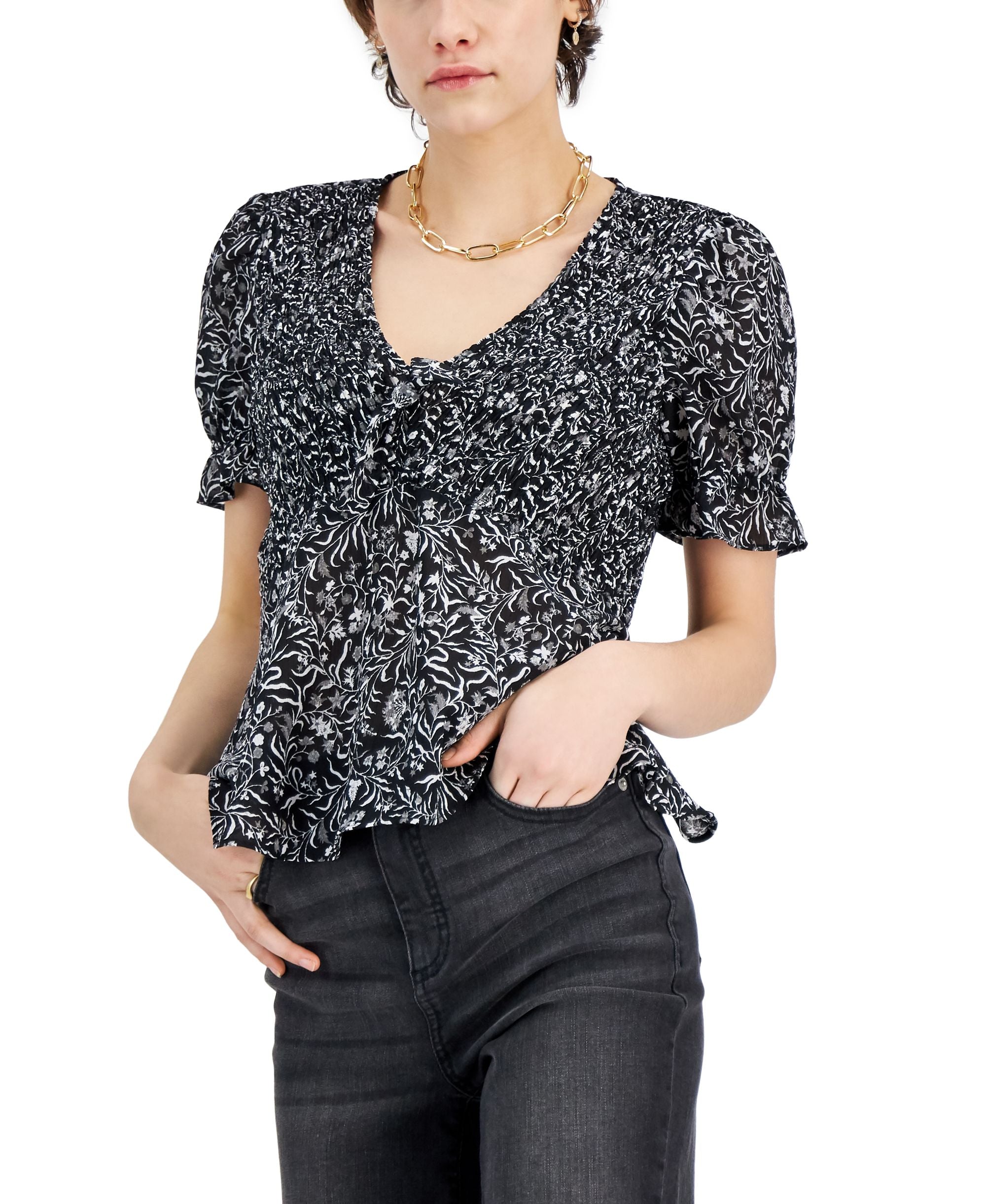 INC International Concepts Smocked Peplum Top