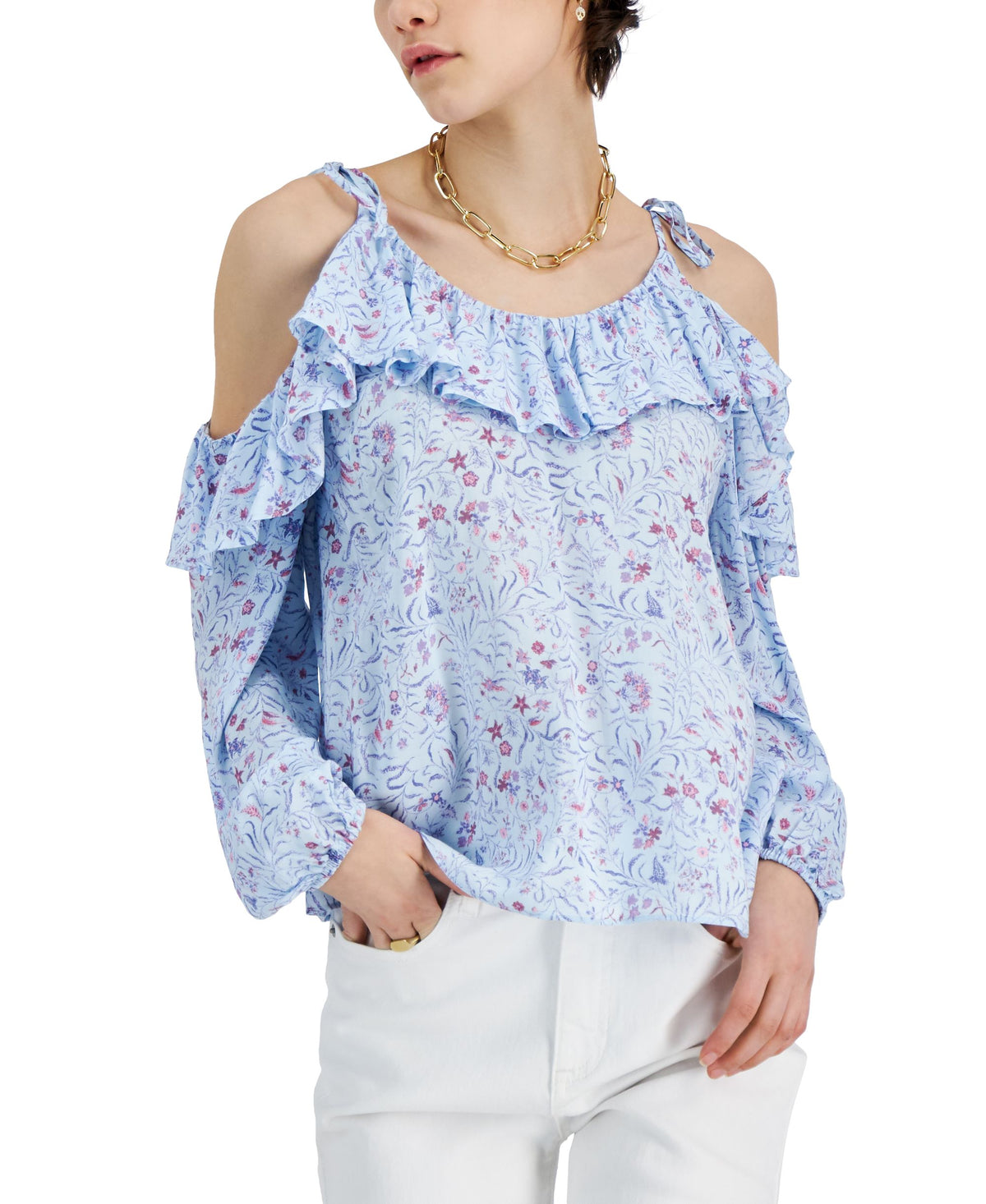 INC International Concepts Ruffle Trim Cold Shoulder Blouse
