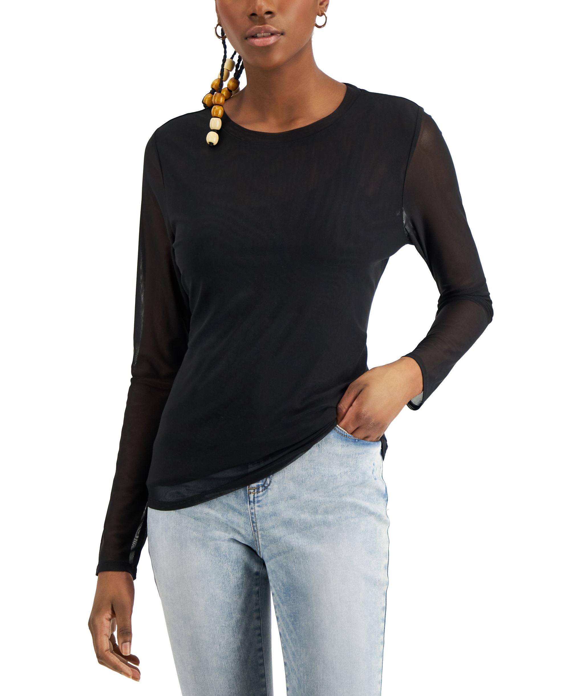 INC International Concepts Mesh Long Sleeve Crewneck Top