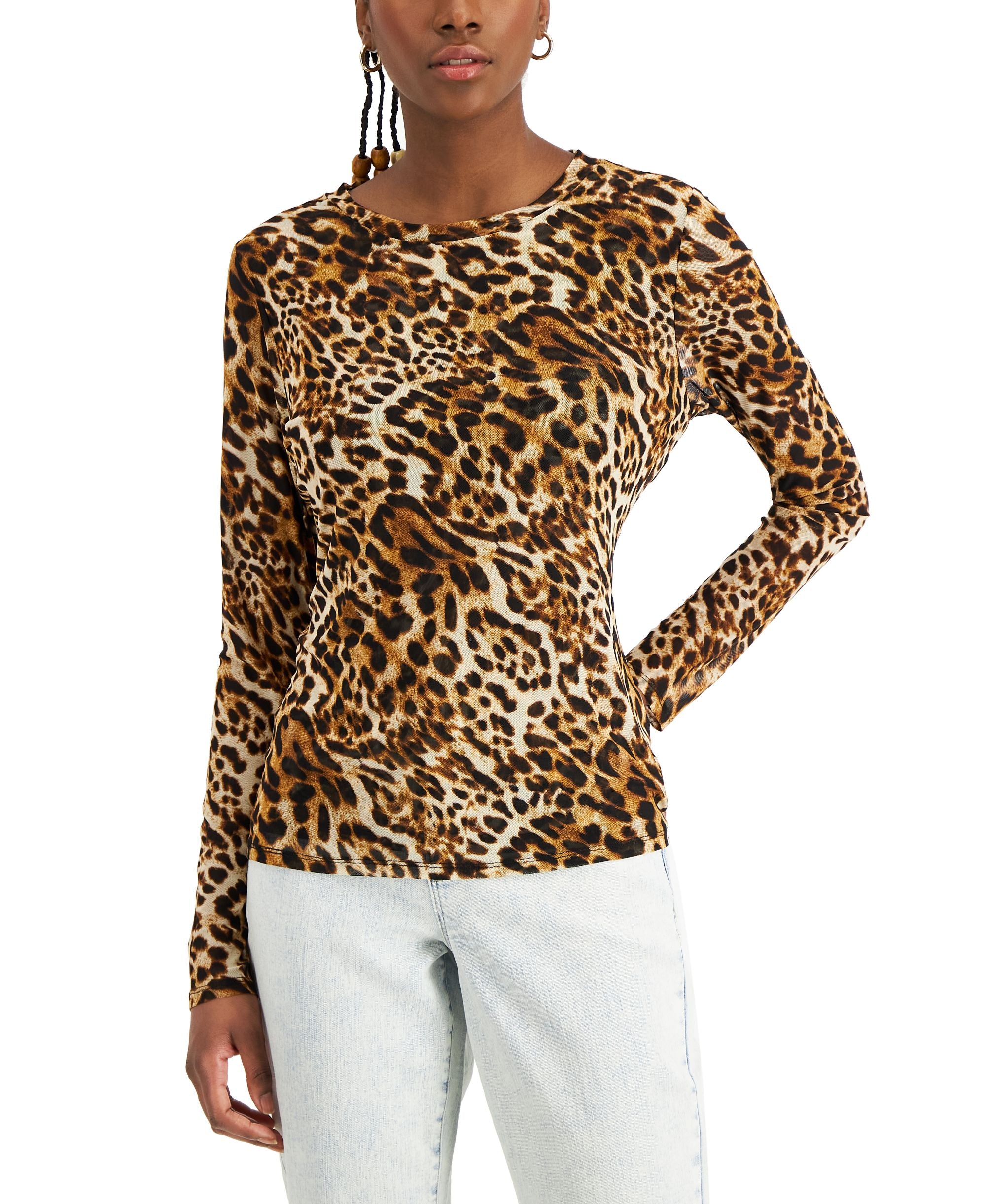 INC International Concepts Womens Cheetah Print Mesh Knit Crewneck Top