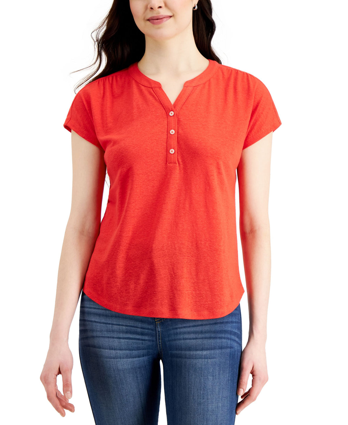 Style & Co Dolman Sleeve Henley Linen Blend Top