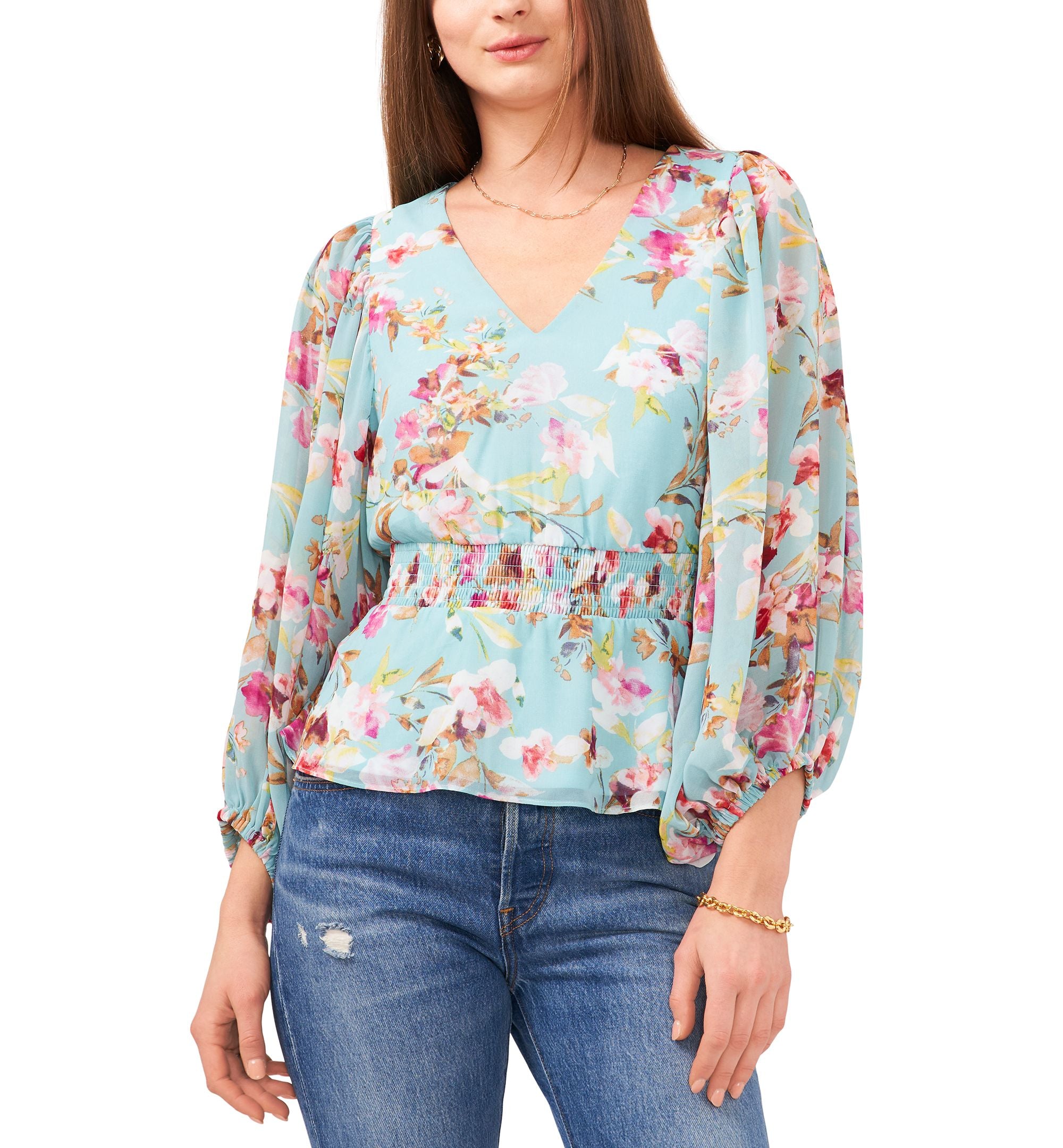 Sam Jess V Neck Floral Print Smocked Peplum Top