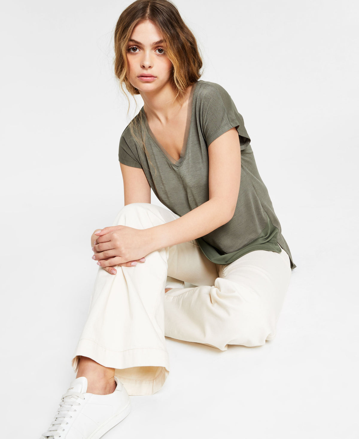 Petite V-Neck Mixed-Media Mesh Top