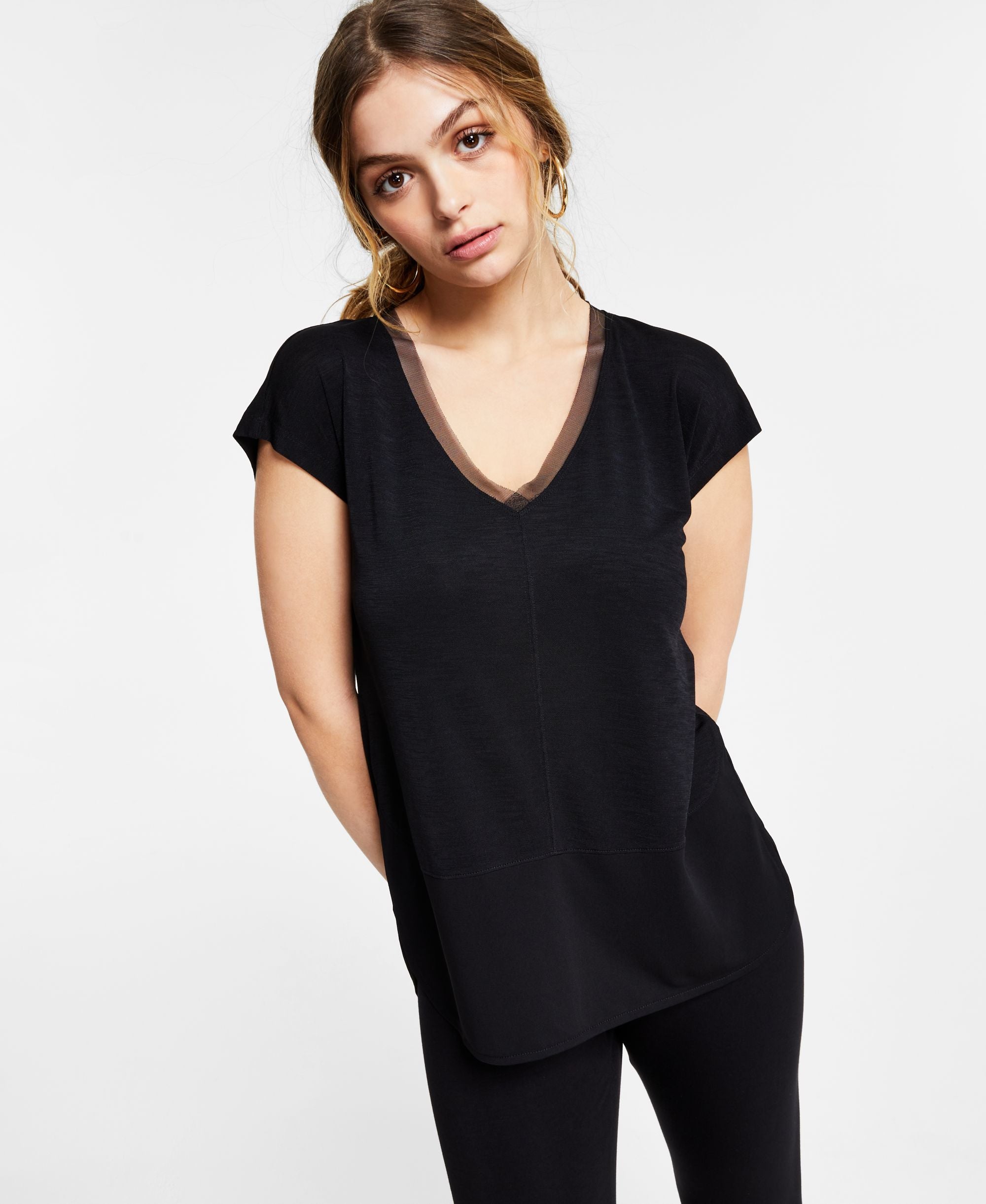 V-Neck Mixed-Media Mesh Top