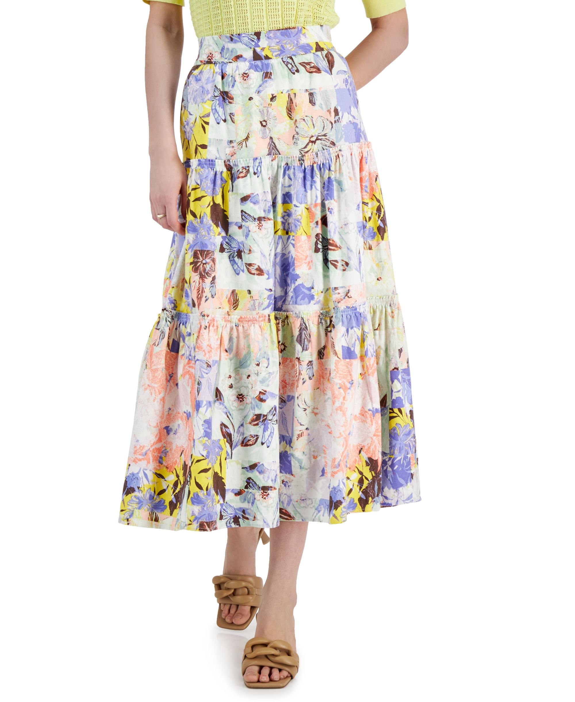 INC International Concepts Tiered Ruffle Trim Floral Midi Skirt