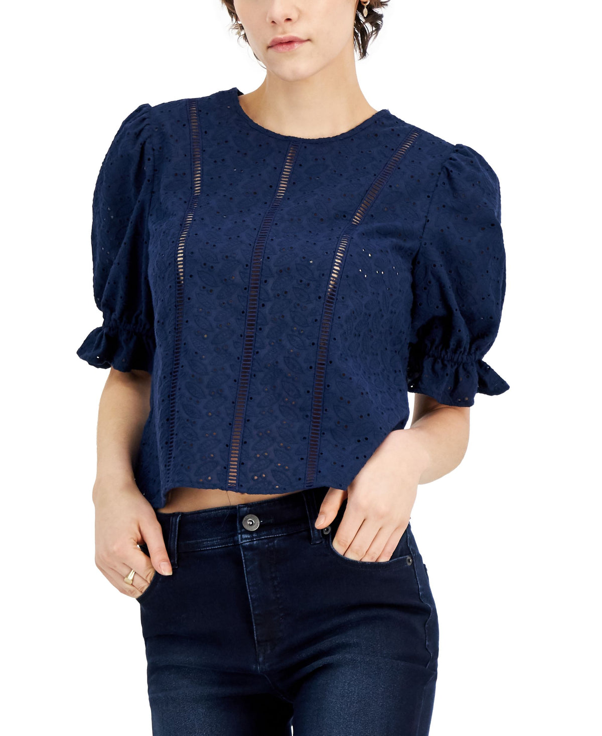 INC International Concepts Puff Sleeve Eyelet Top