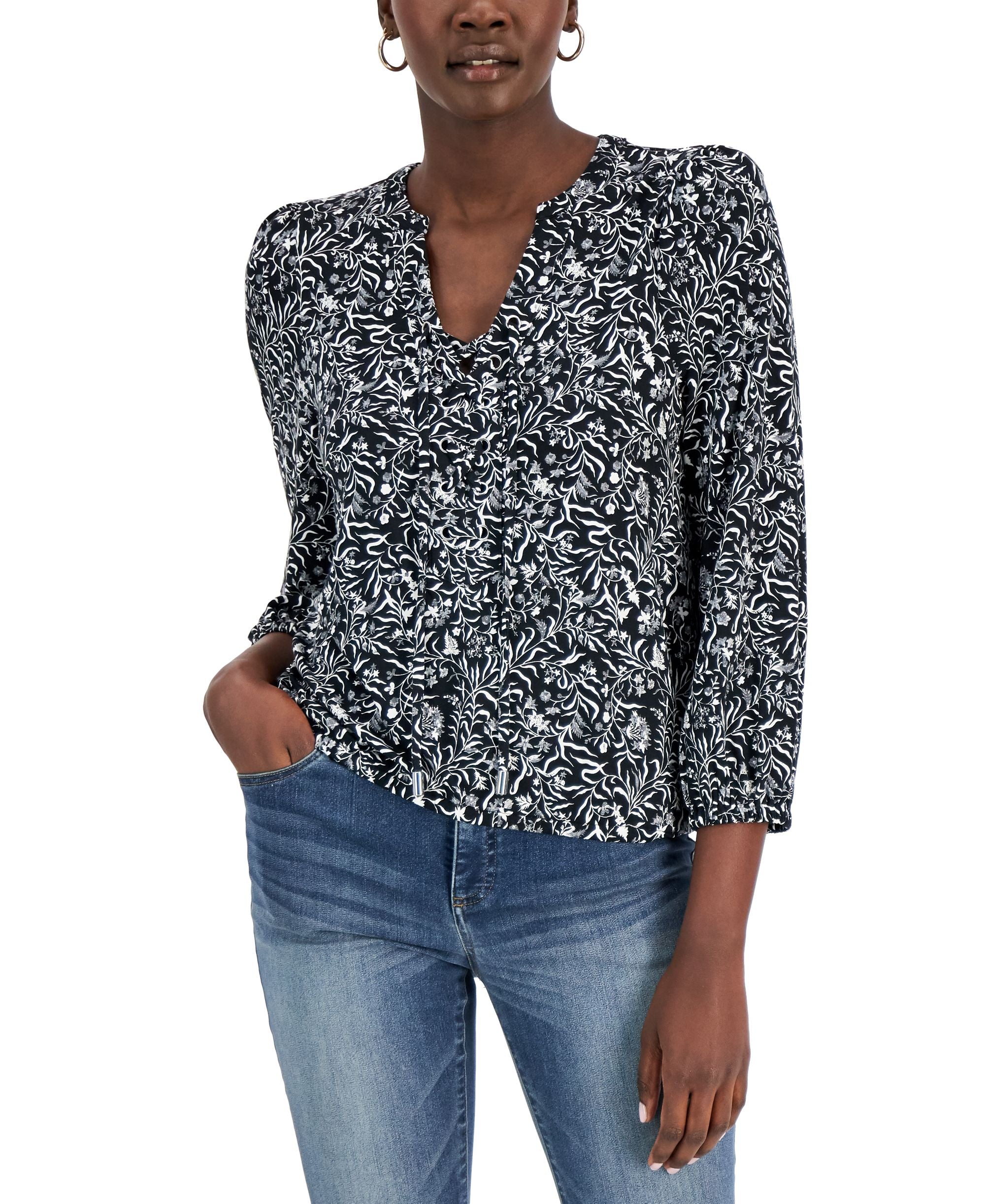 Printed Lace-Up Split Neck Blouson Top