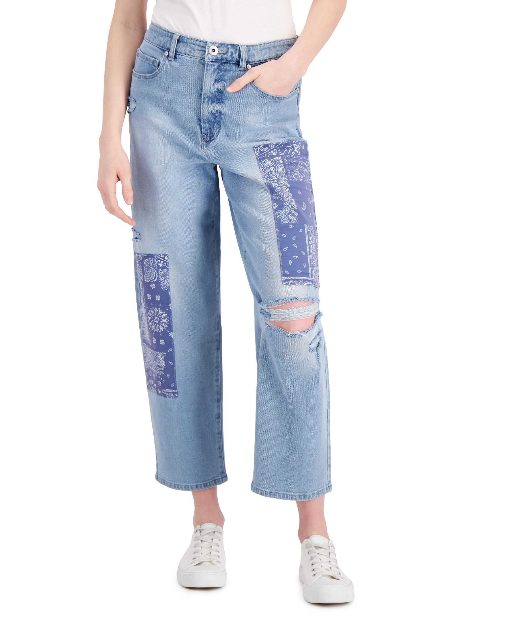 Style & Co Petite High Rise Patchwork Vintage Classic Mom Jeans