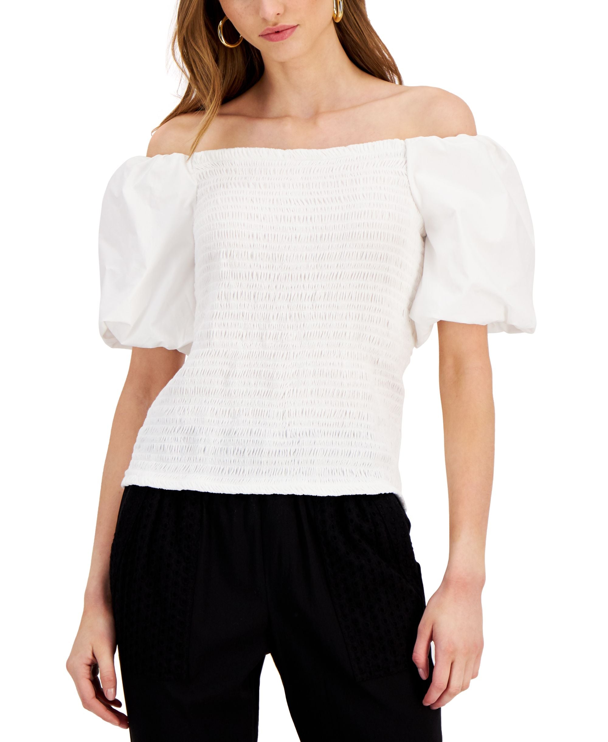 INC International Concepts Petite Smocked Off The Shoulder Balloon Sleeve Top