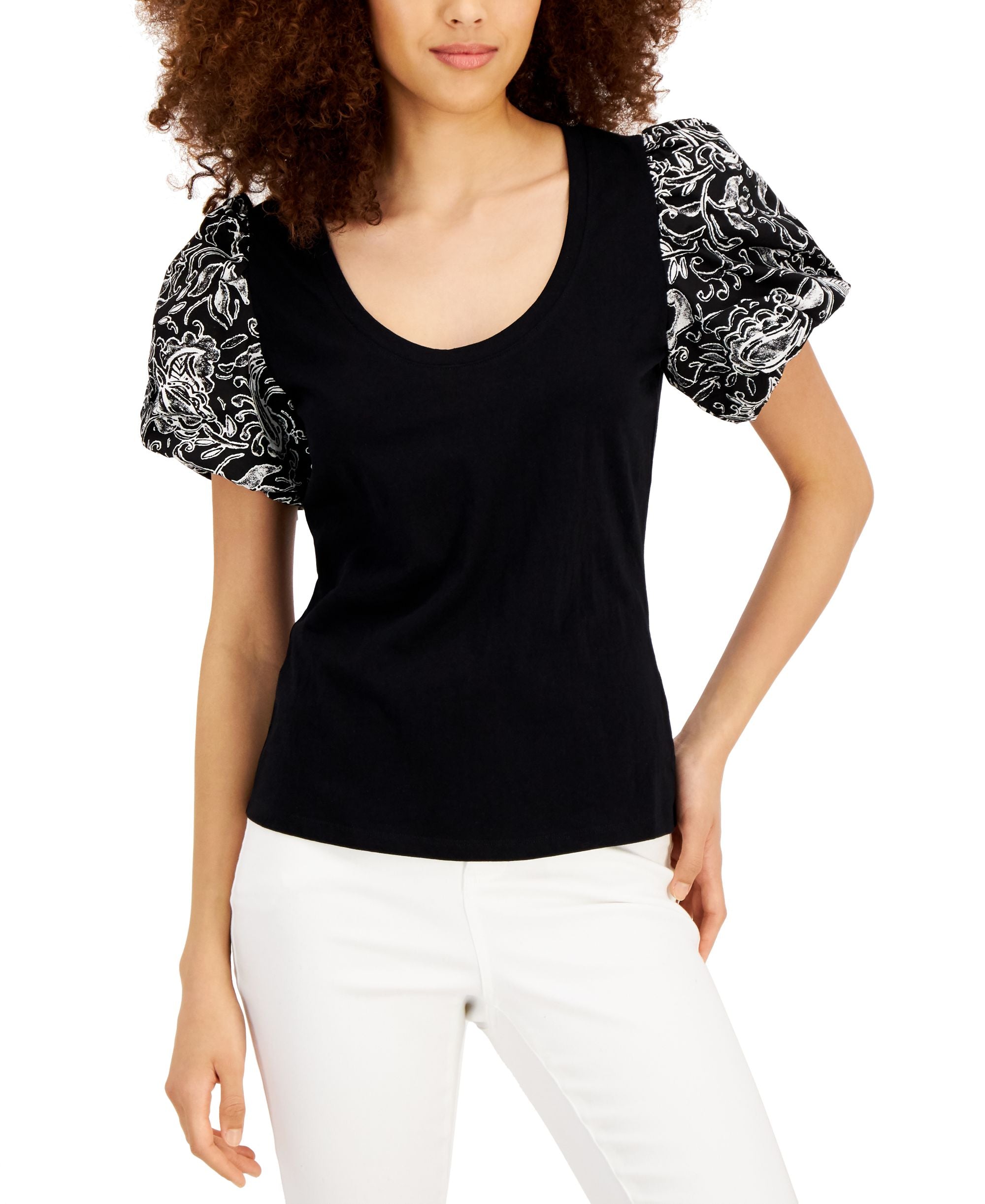 INC International Concepts Printed Puff Sleeve Cotton Top