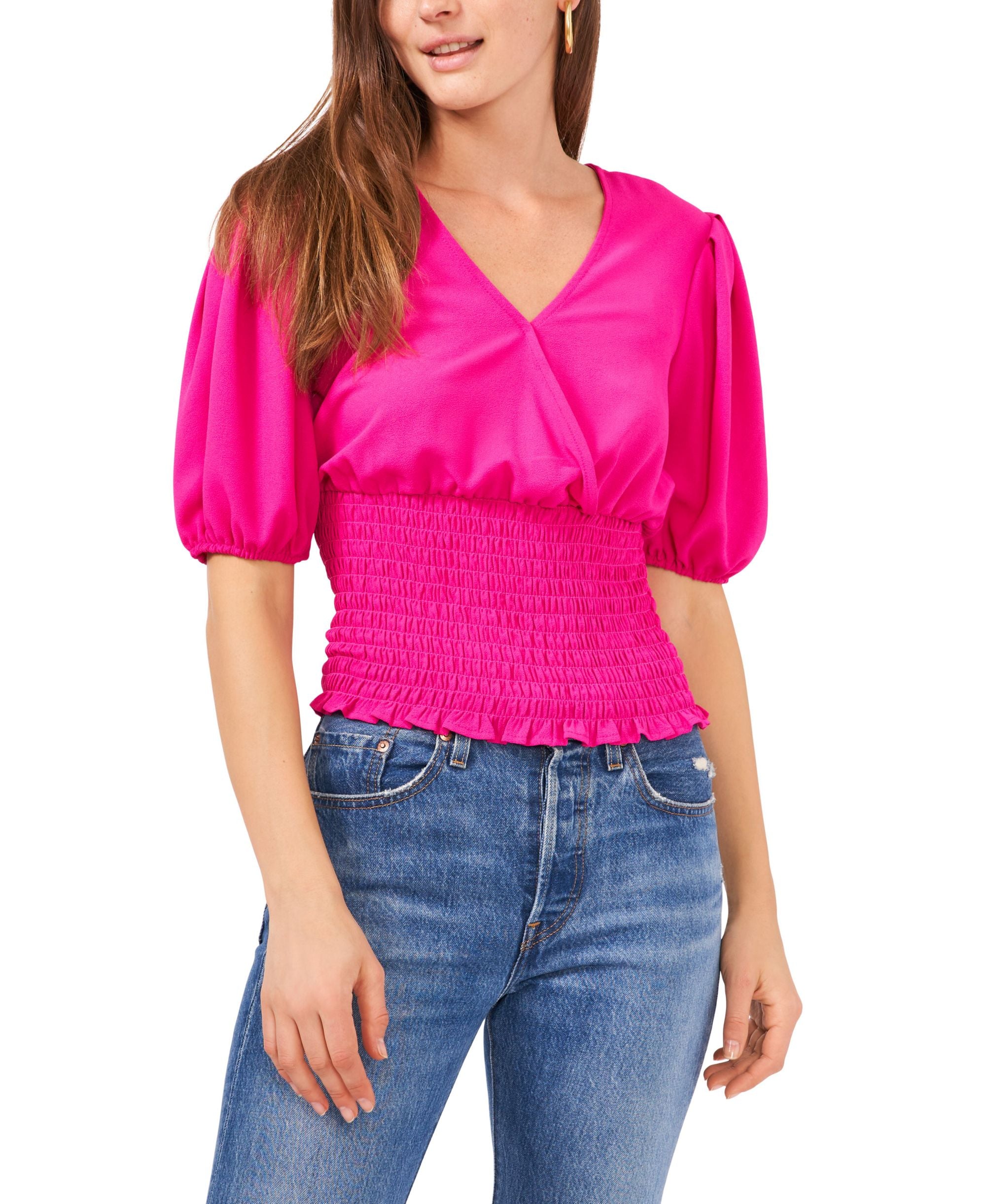 1.State Womens V Neck Smocked Waist Top