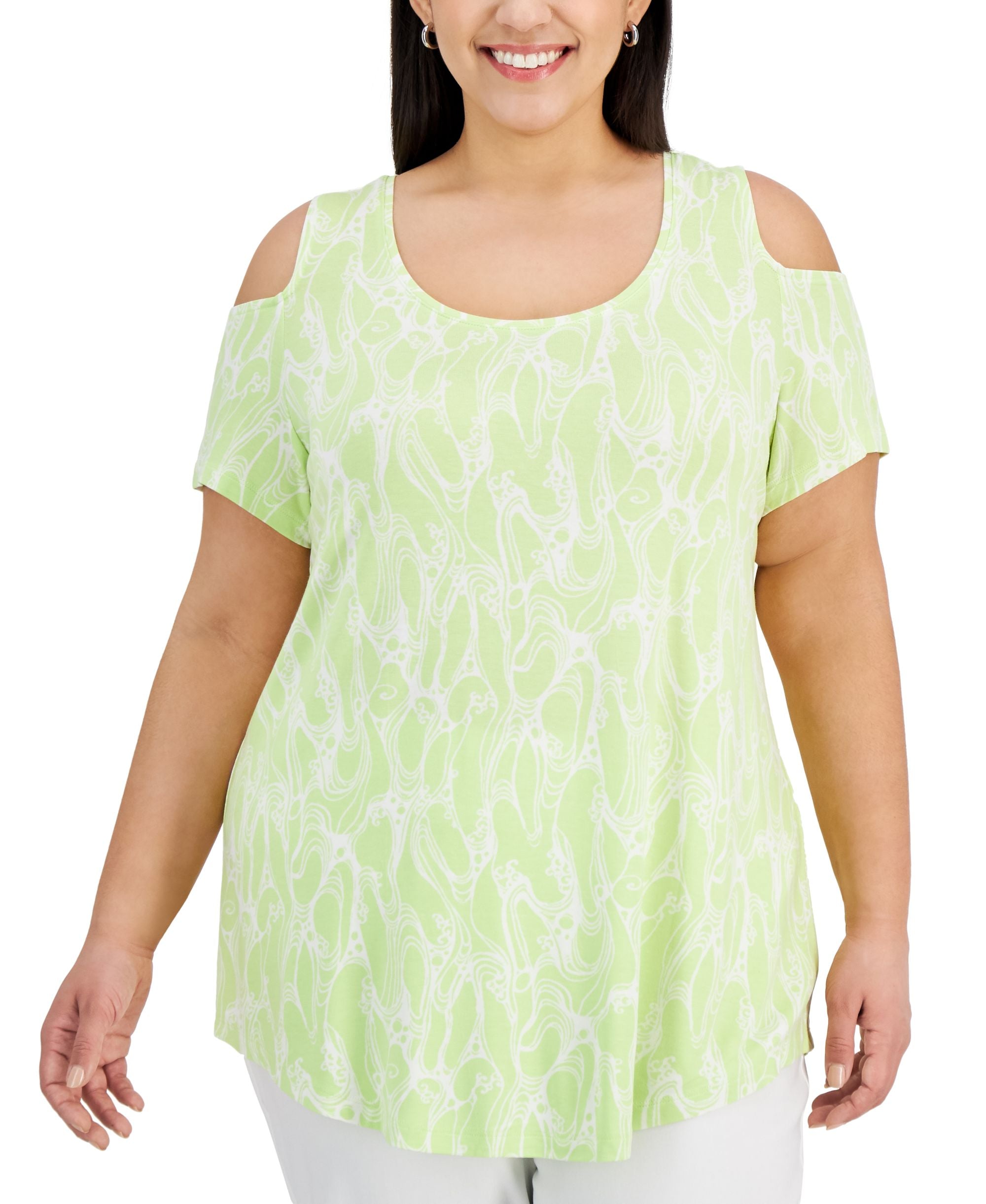 JM Collection Plus Size Printed Cold-Shoulder Top