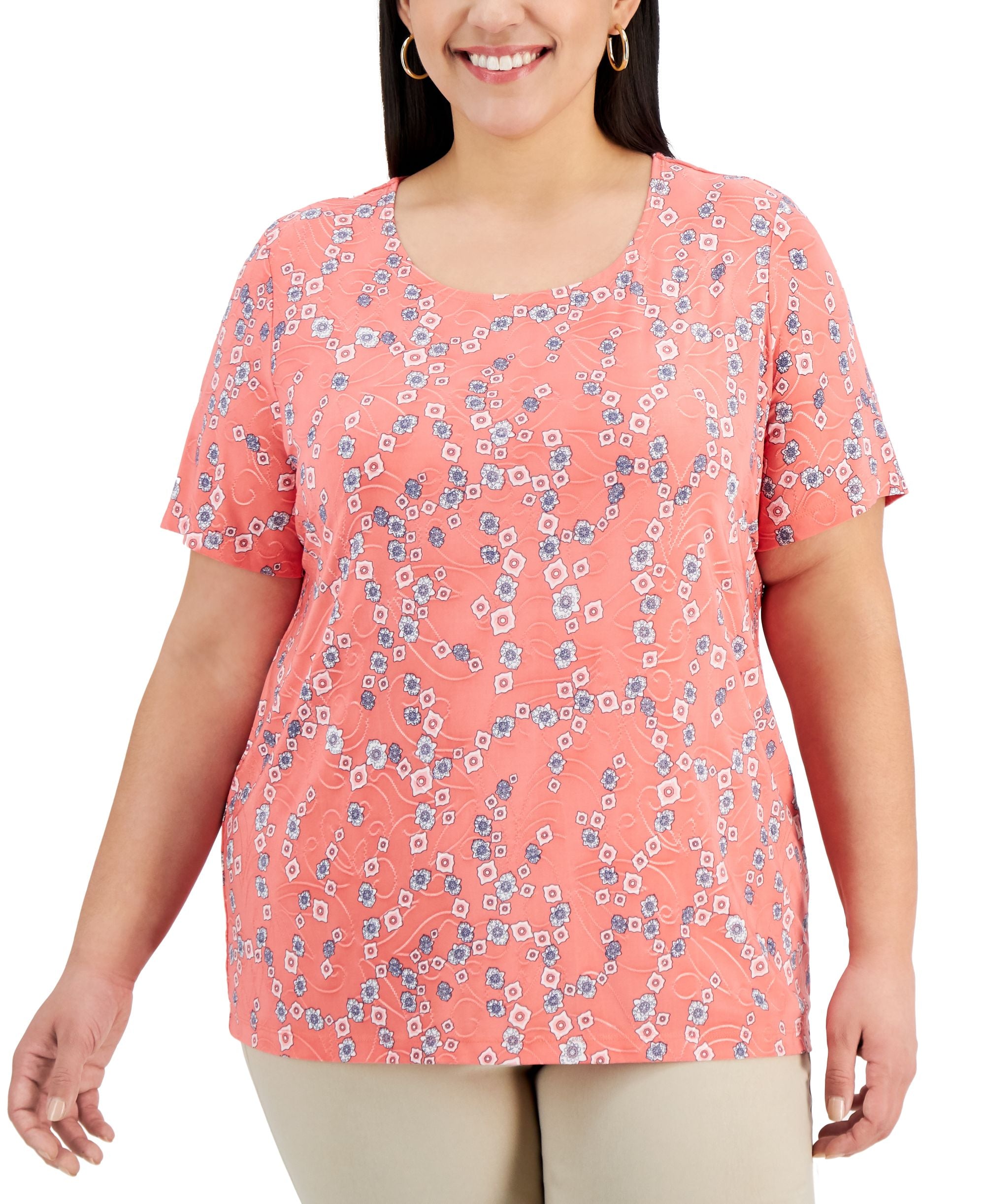 JM Collection Plus Size Jacquard Printed Scoop Neck Top