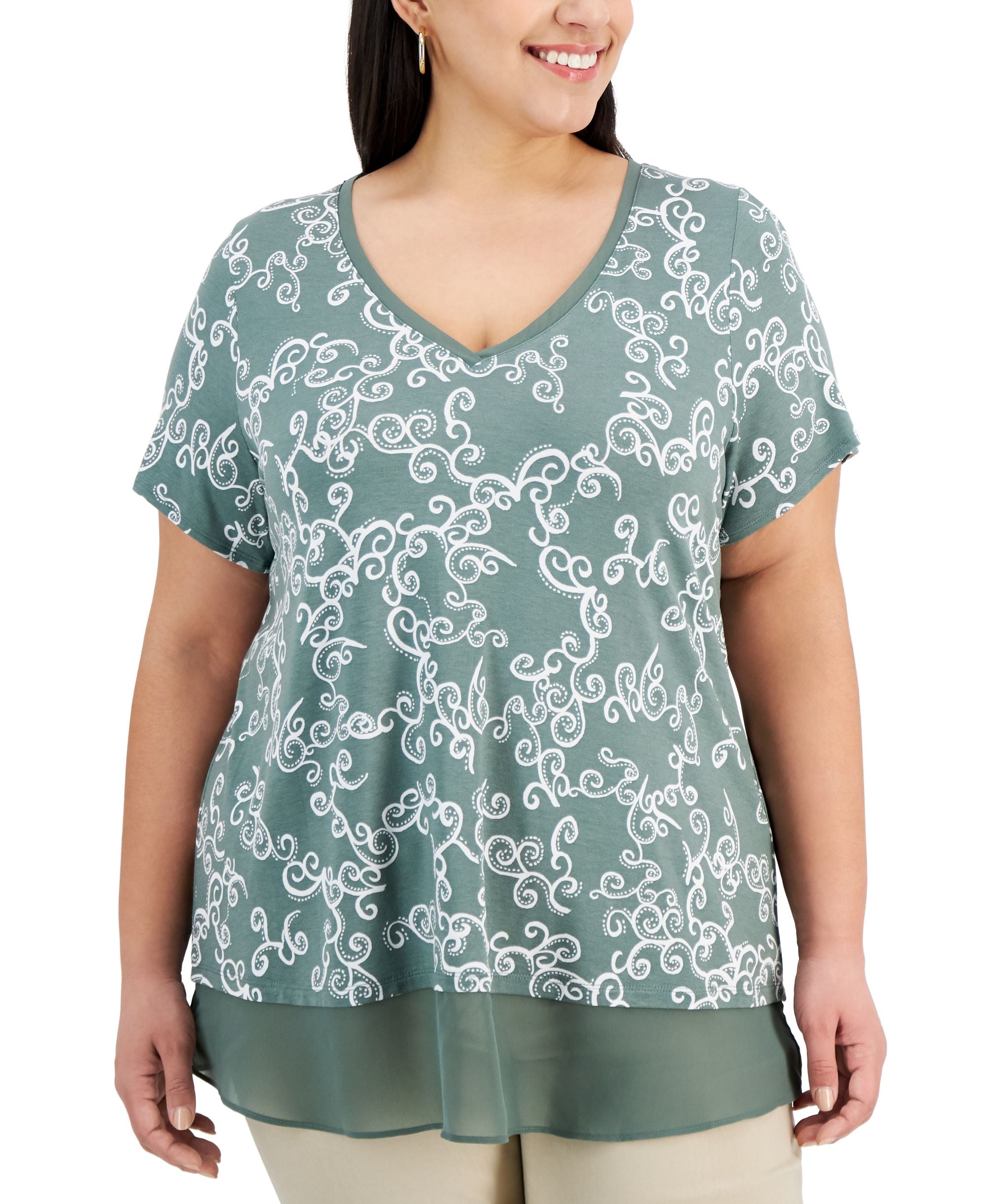 JM Collection Plus Size V Neck Printed Top