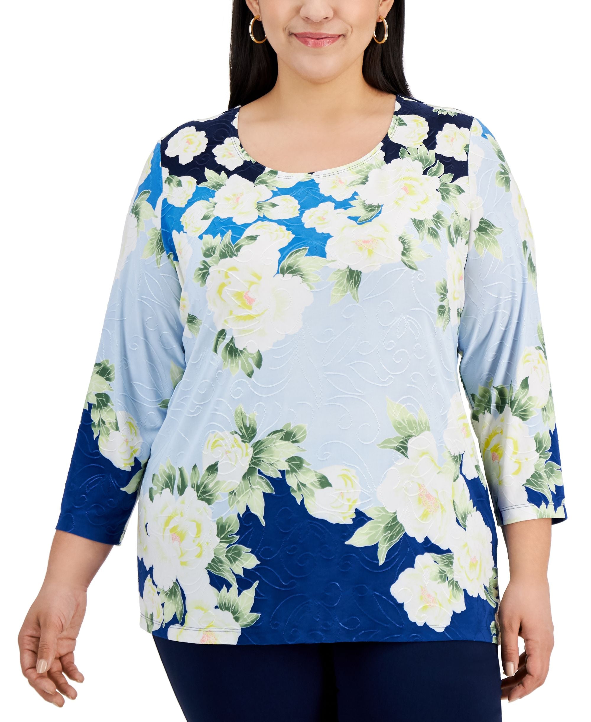 JM Collection Plus Size Jacquard Floral-Print Top