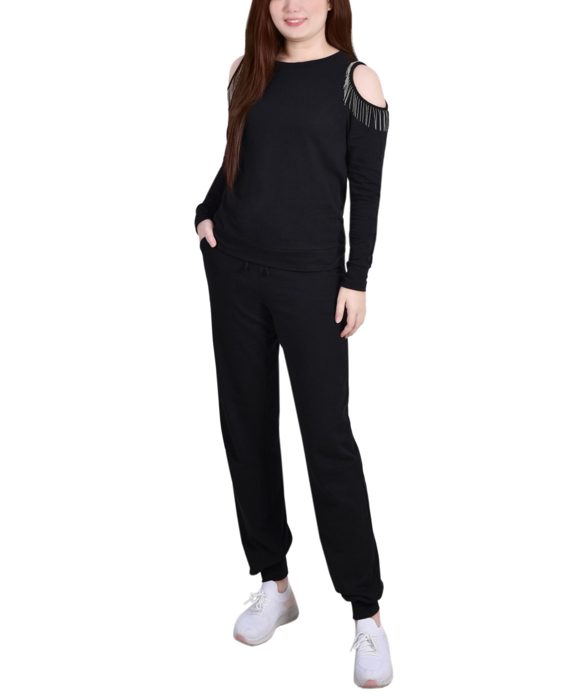Petite Long Sleeve Cold Shoulder Jogger Set