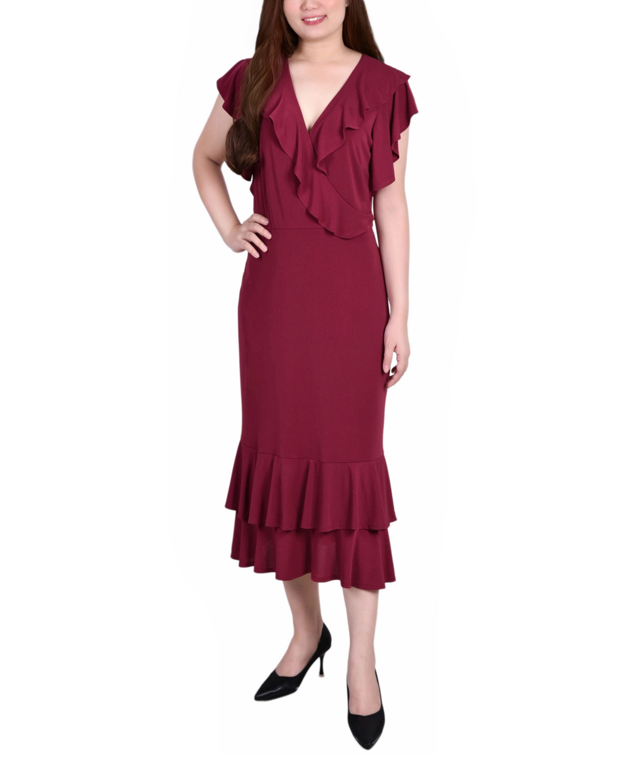Petite Flutter Sleeve Ruffle Midi Dress