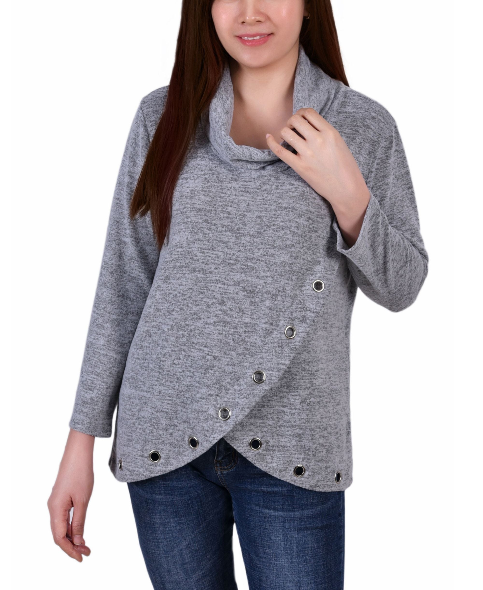 Petite Long Sleeve Crossover With Grommets Top
