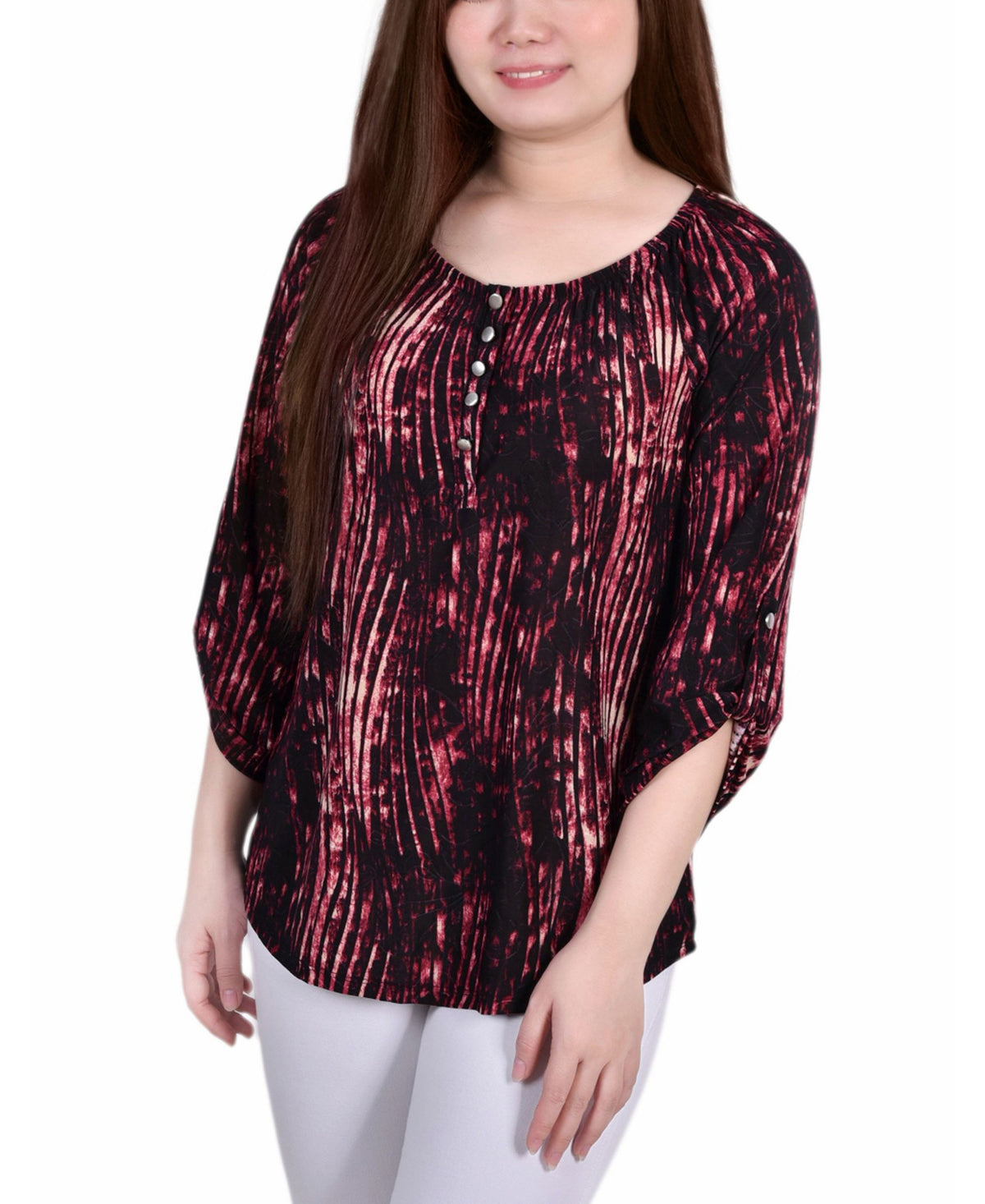 Petite 3/4 Push Tab Round Neck Henley Top