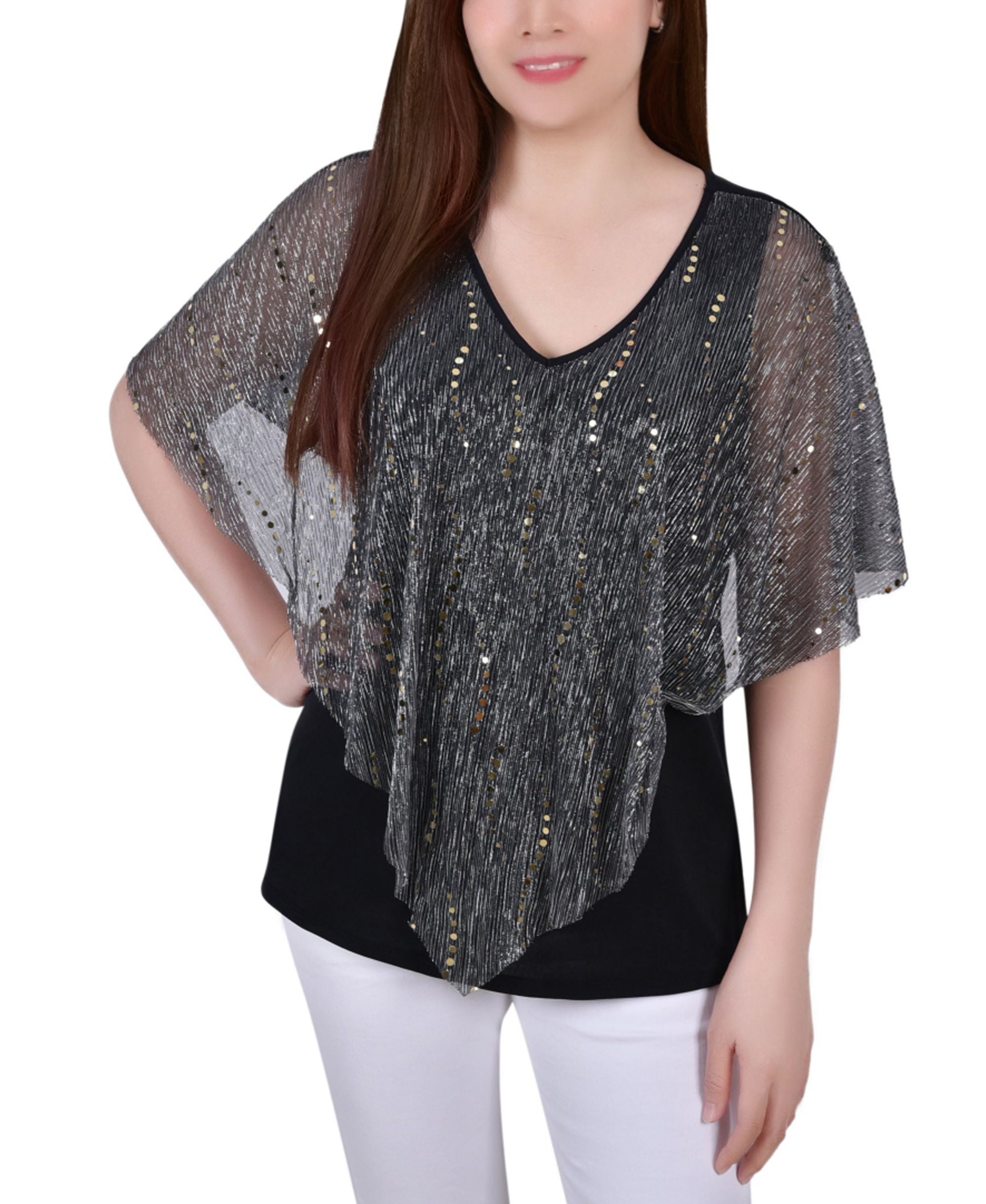Petite Pleated Mesh Poncho With Foil Top