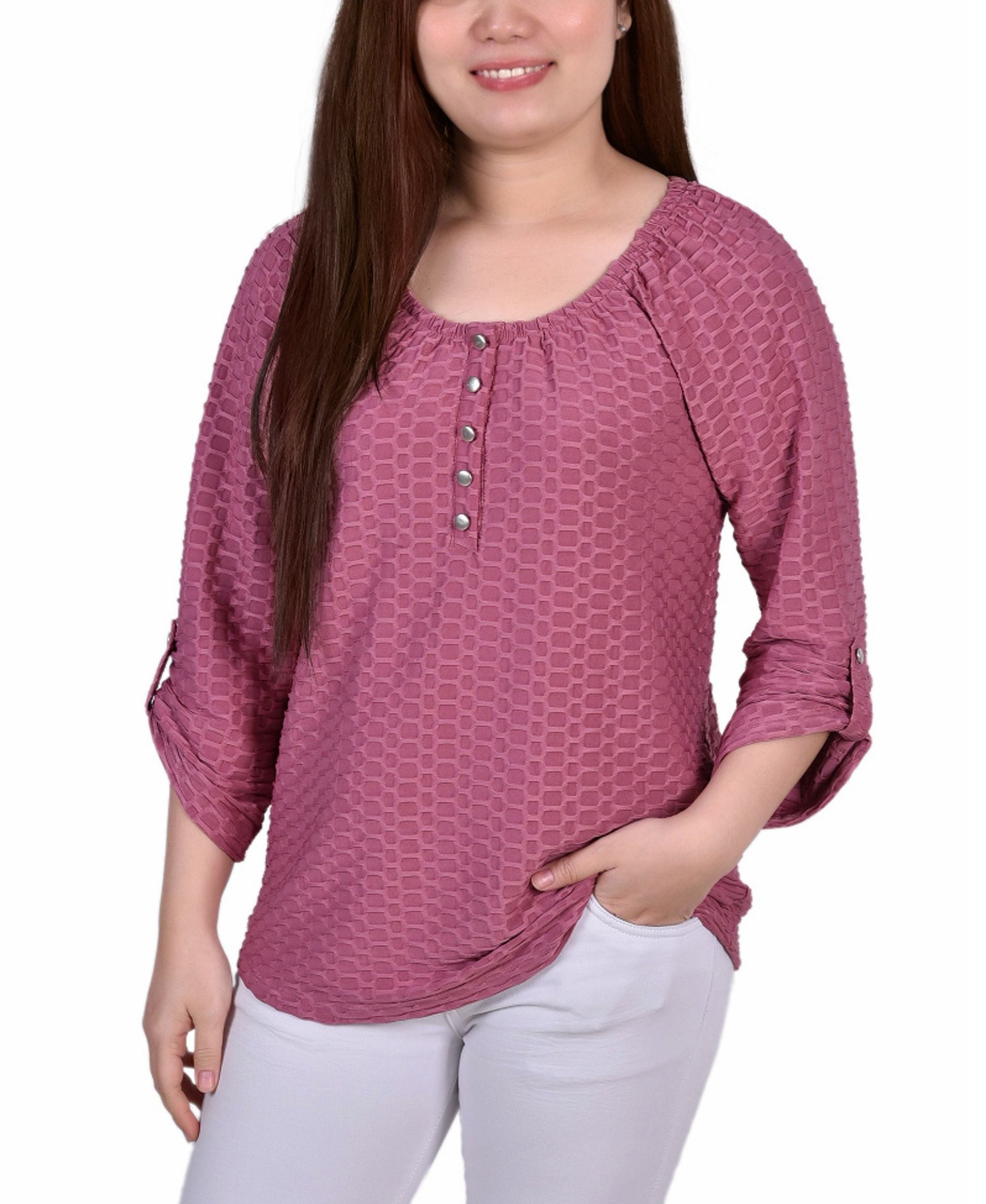 Petite 3/4 Sleeve Honeycomb Henley Top