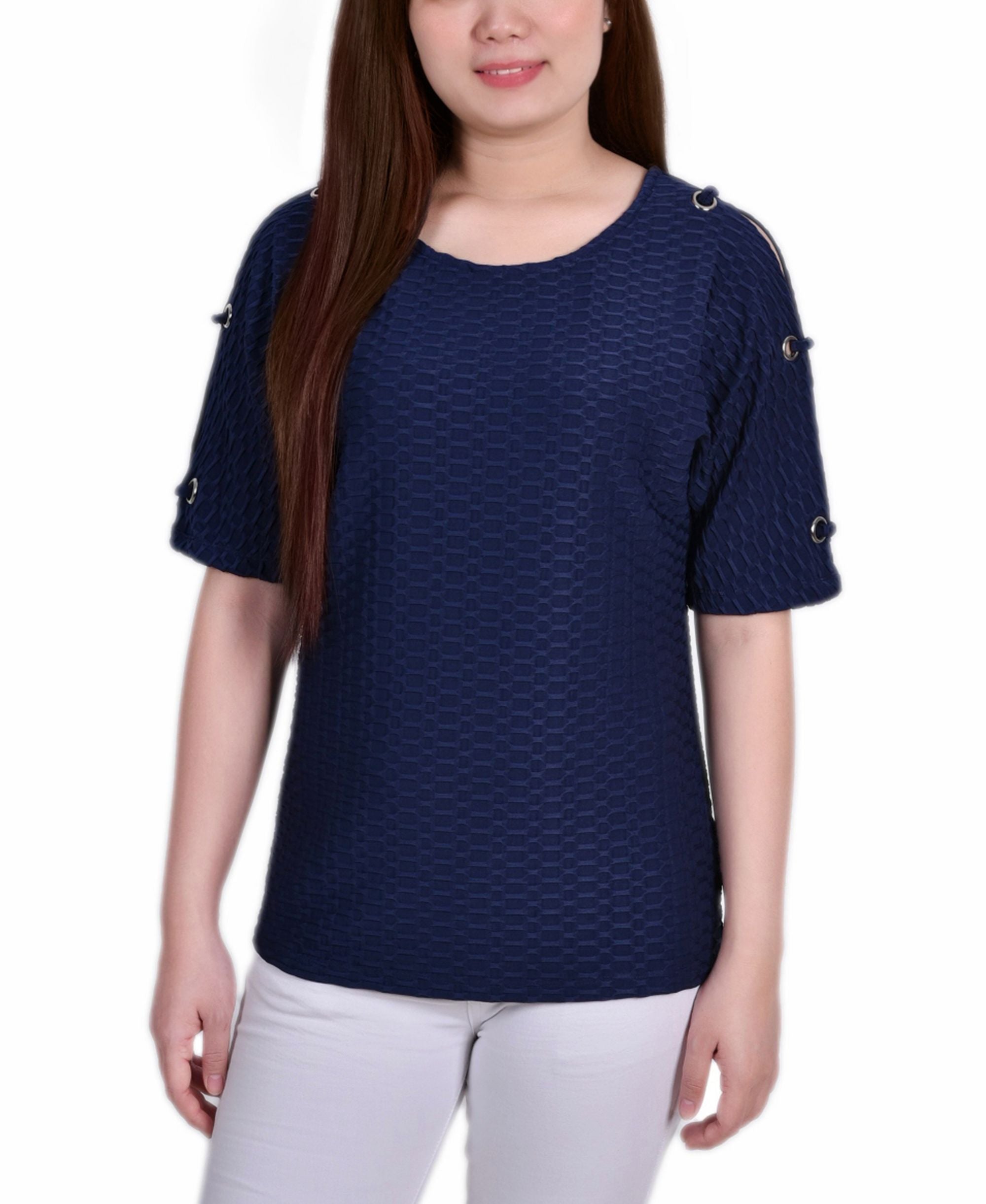 Petite Short Sleeve Honeycomb Textured Grommet Top