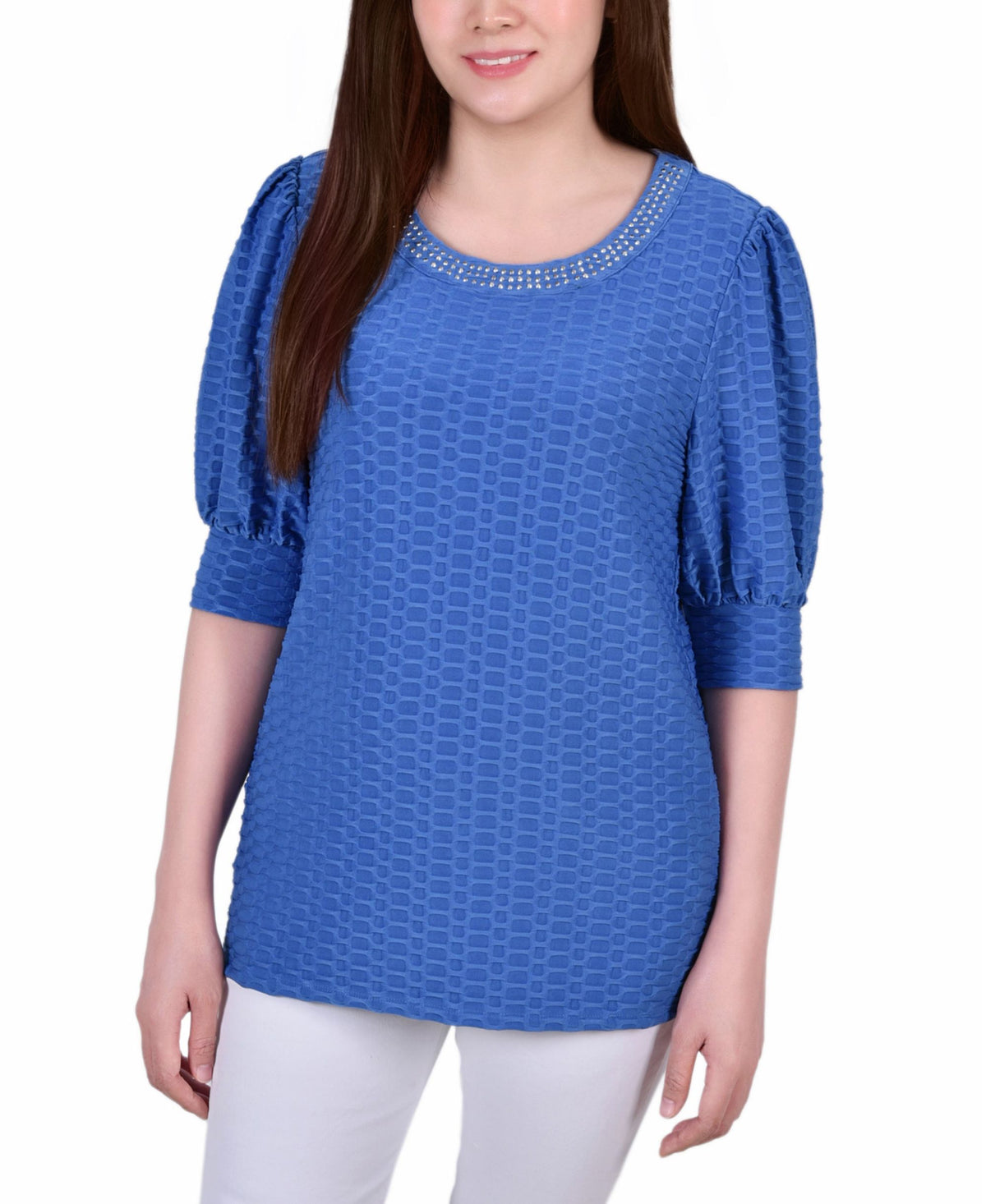Petite Short Puff Sleeve Honeycomb Top
