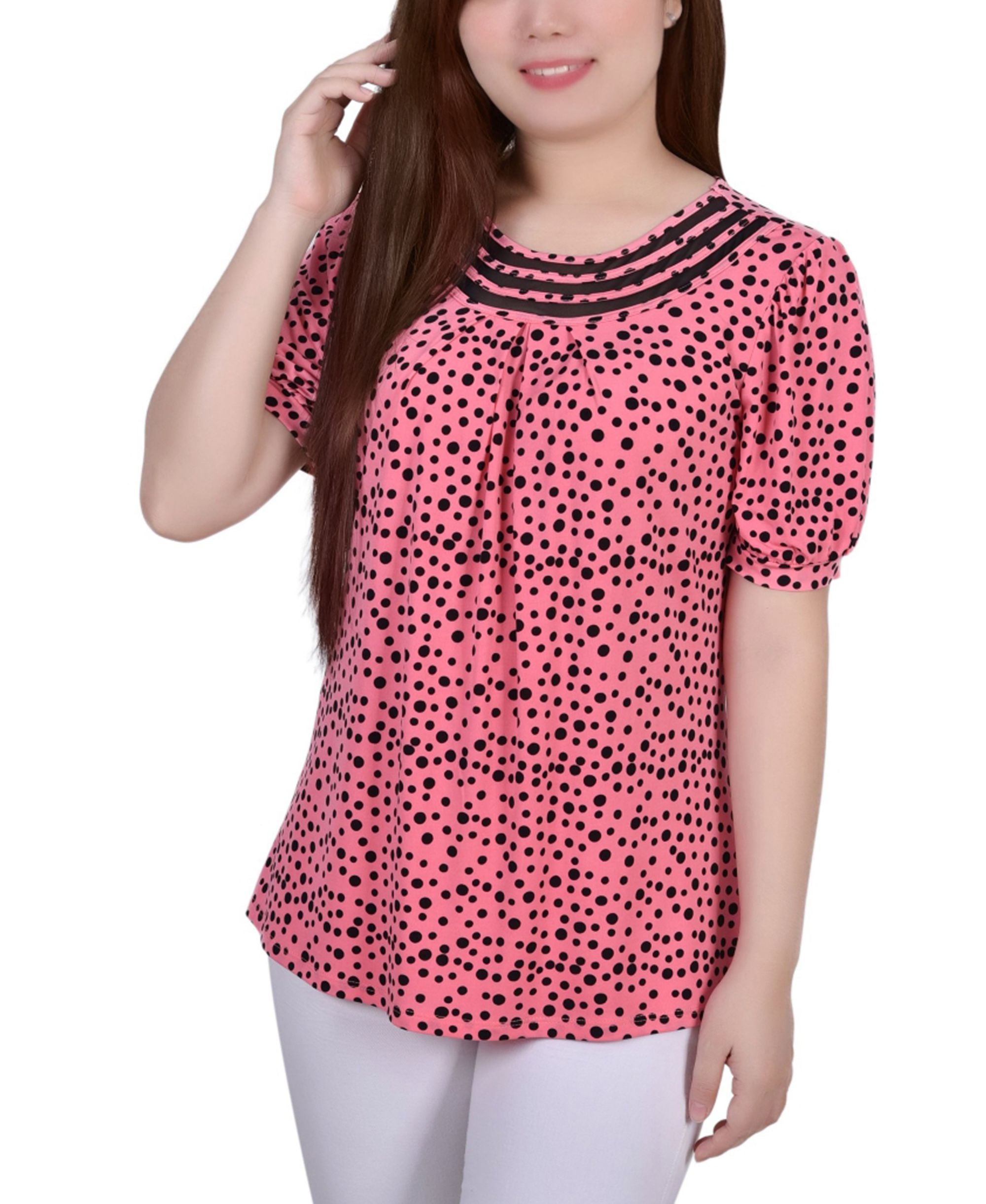 Petite Short Puff Sleeve Mesh Inset Top