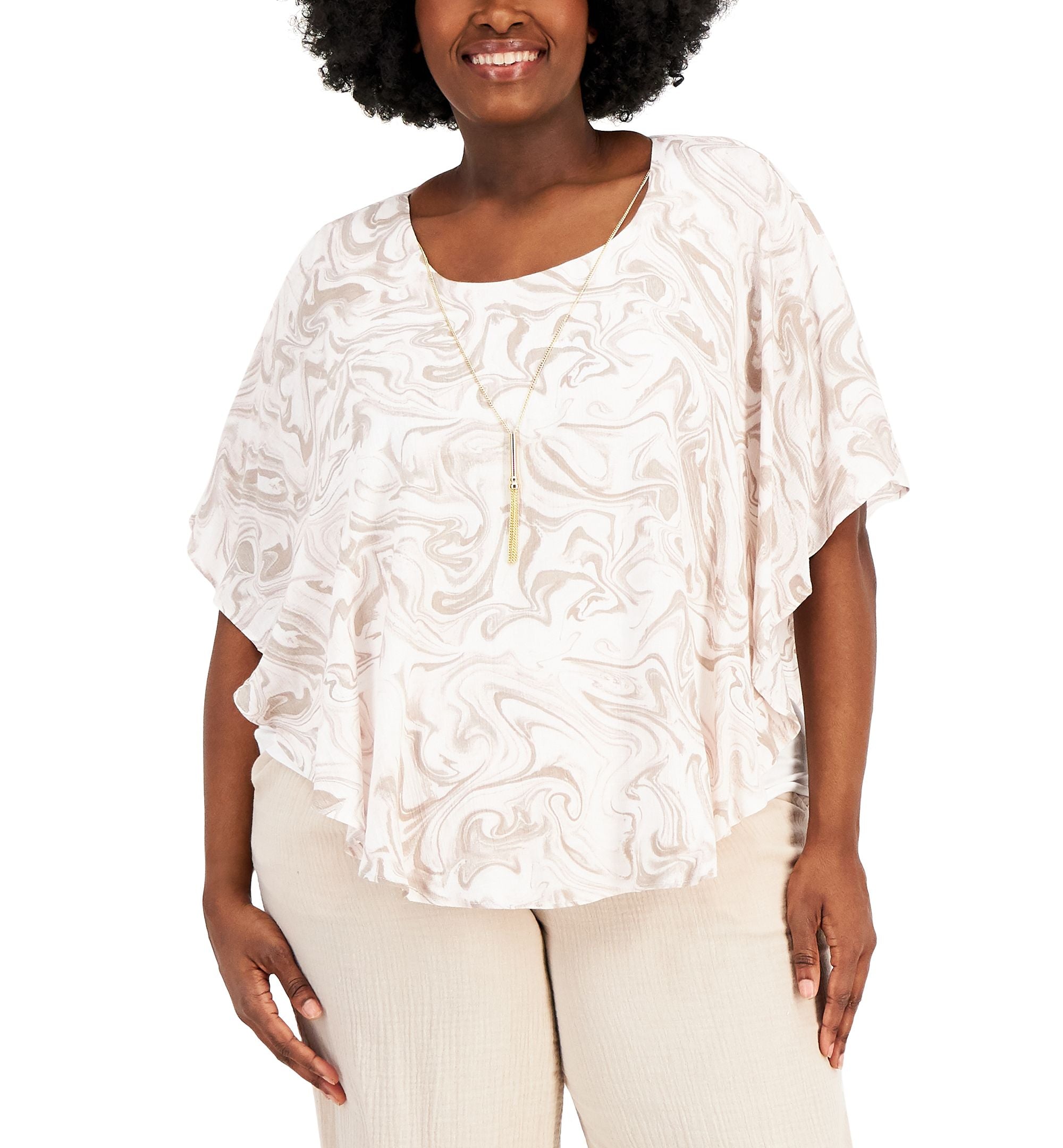 JM Collection Plus Size Printed Necklace Poncho Top