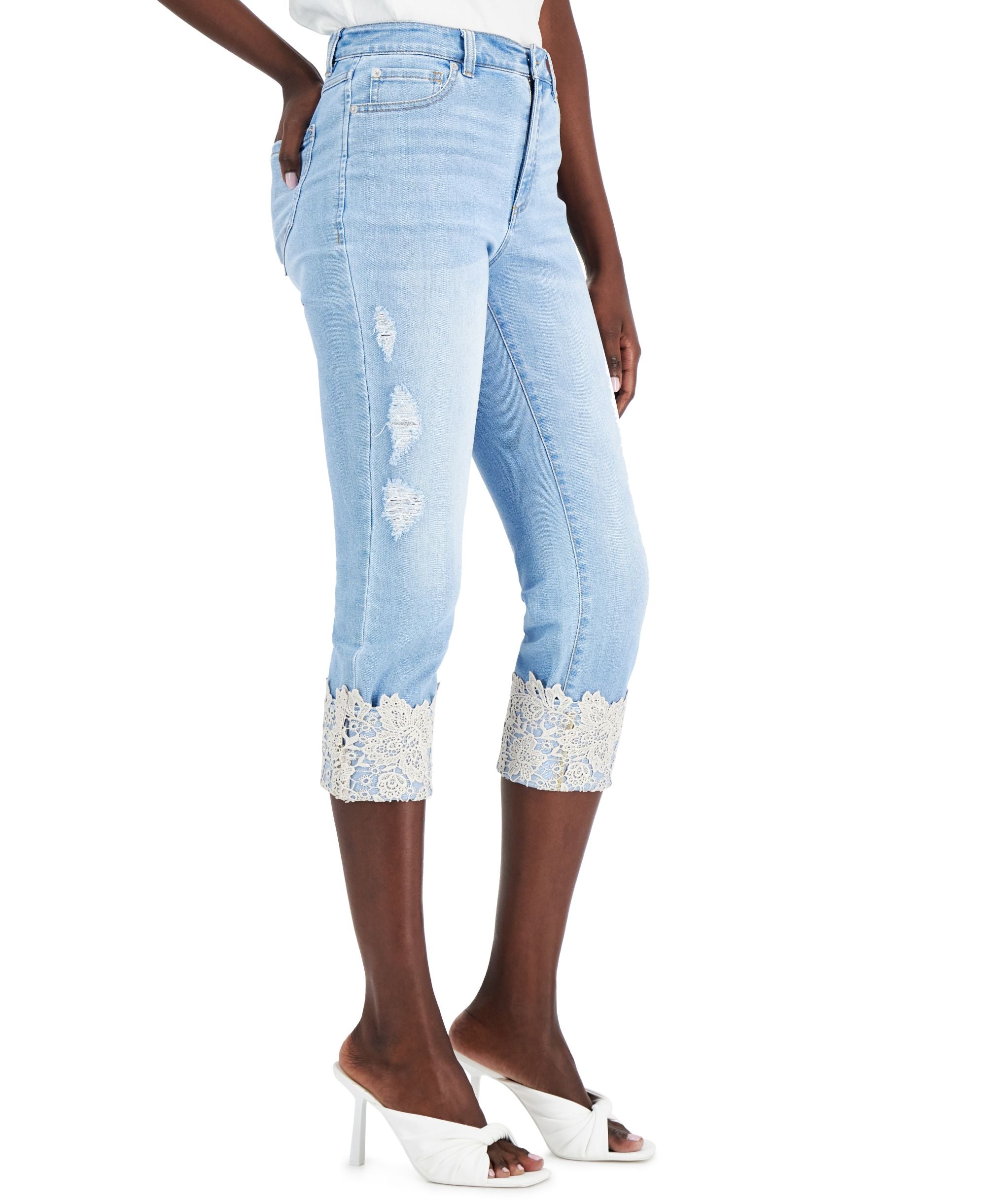 INC International Concepts Petite Distressed Laced Cuff Cropped Denim Jeans
