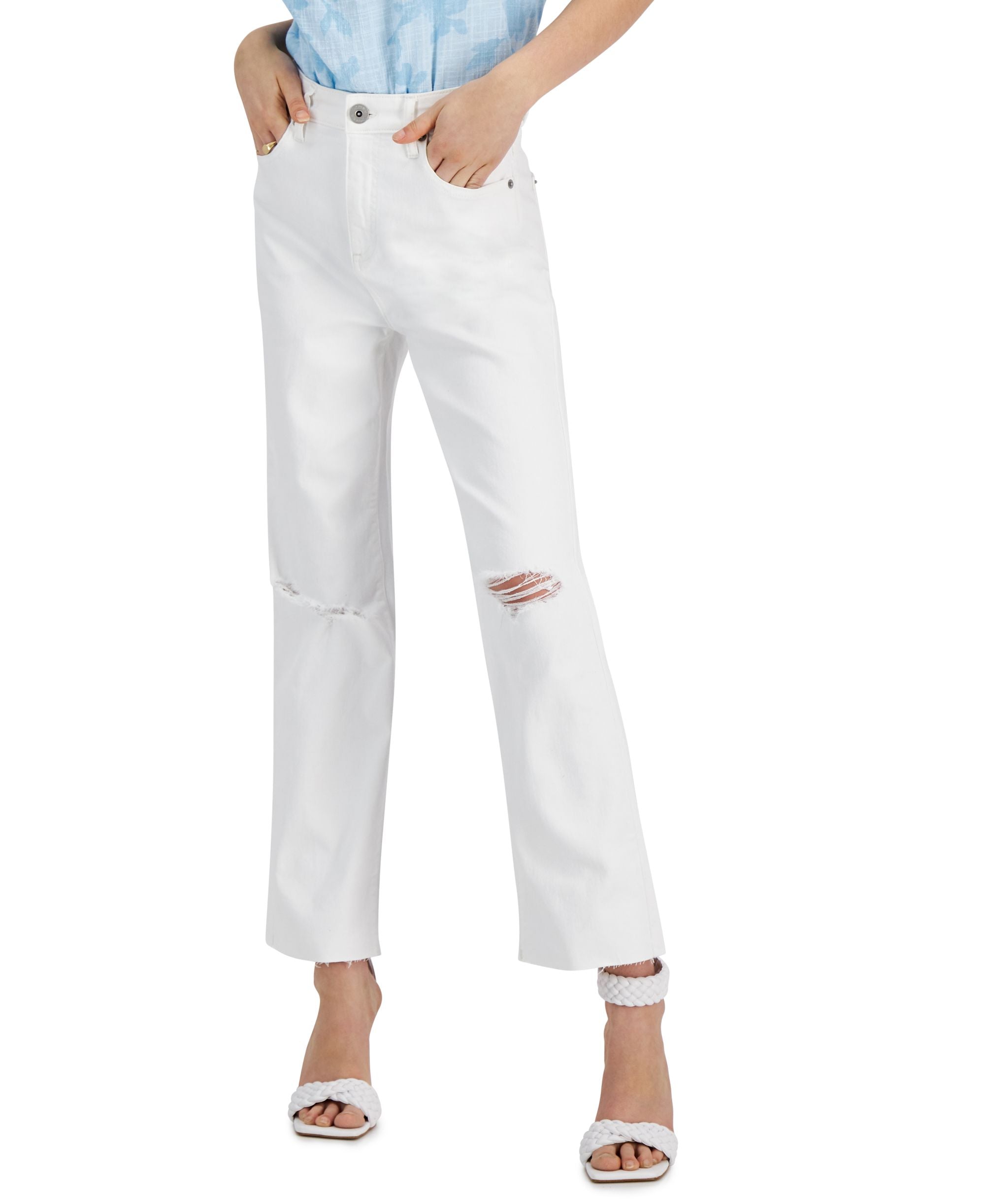 INC International Concepts Womens High Rise Ripped Straight Leg Jeans