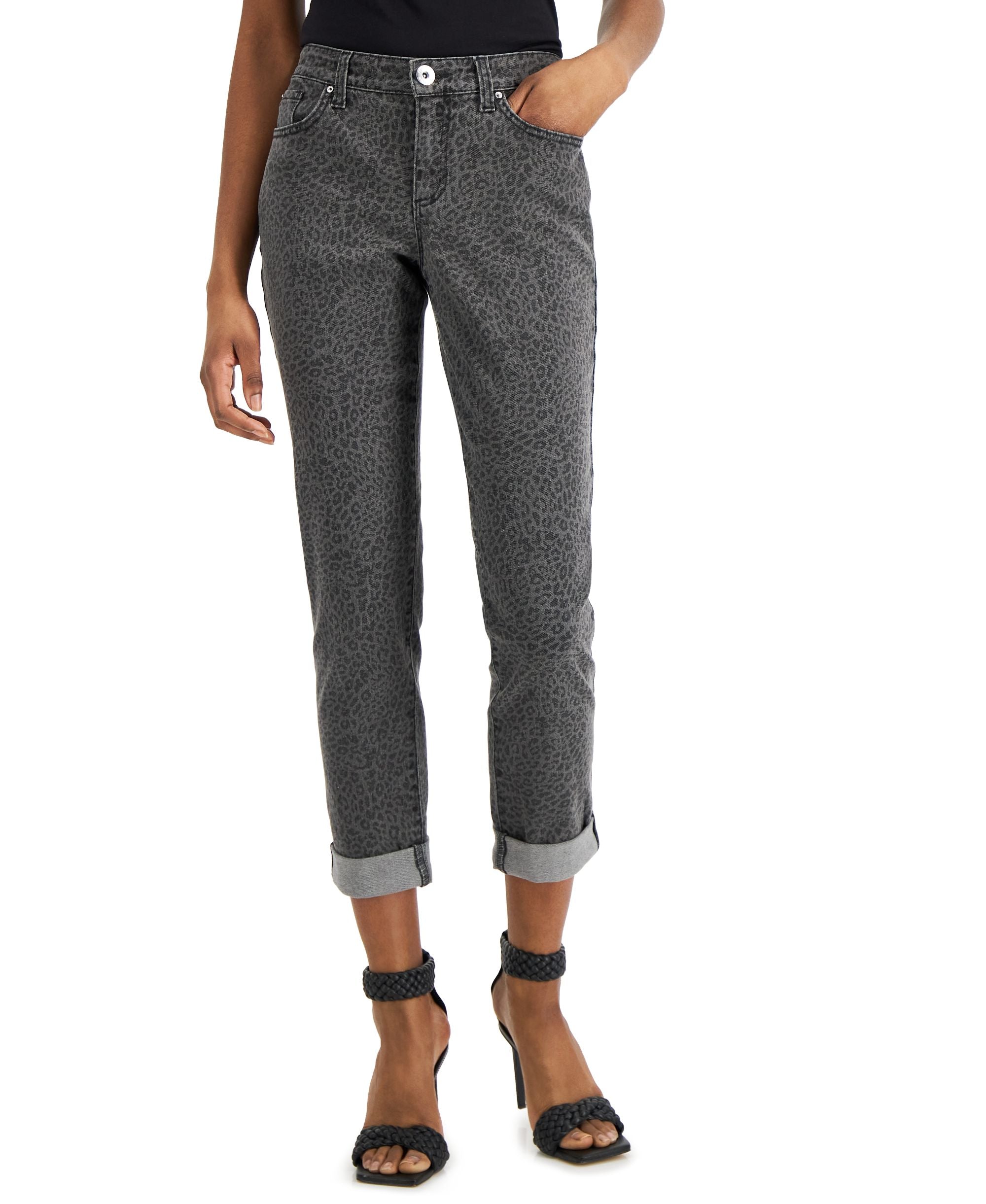 INC International Concepts Womens Mid Rise Leopard Print Straight Leg Jeans