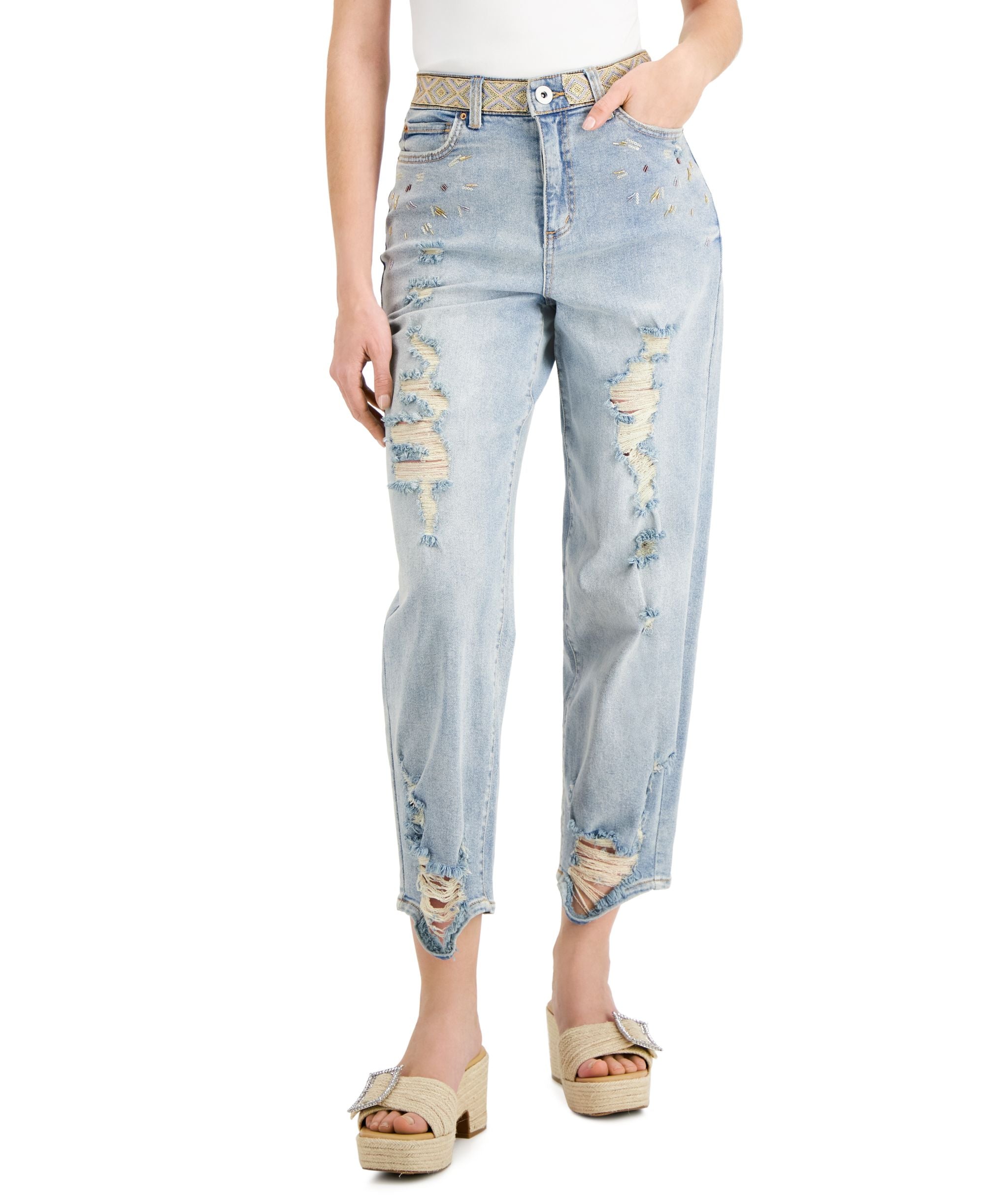 INC International Concepts Embellished Ripped High Rise Straight Leg Jeans
