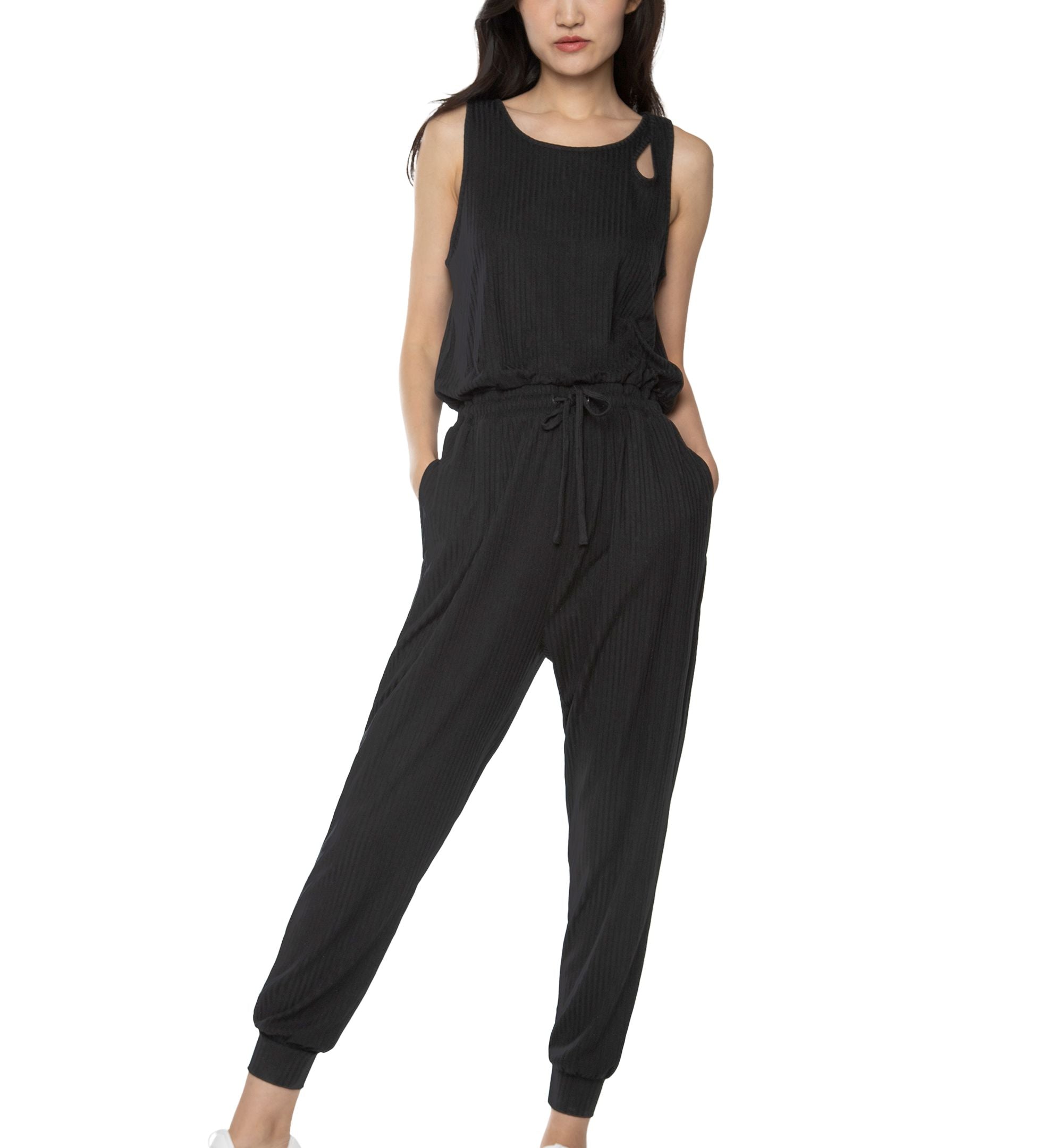 Black Tape Cutout Jogger Jumpsuit