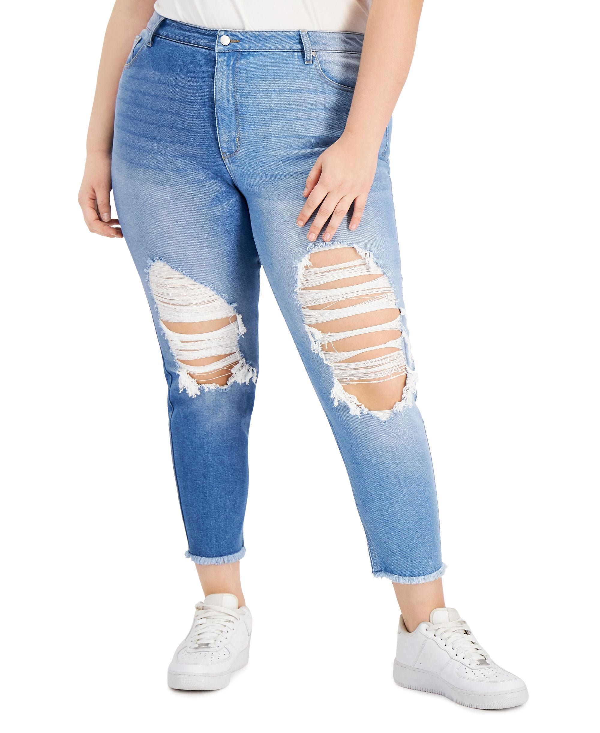 Tinseltown Trendy Plus Size Two Tone Destructed Mom Jeans