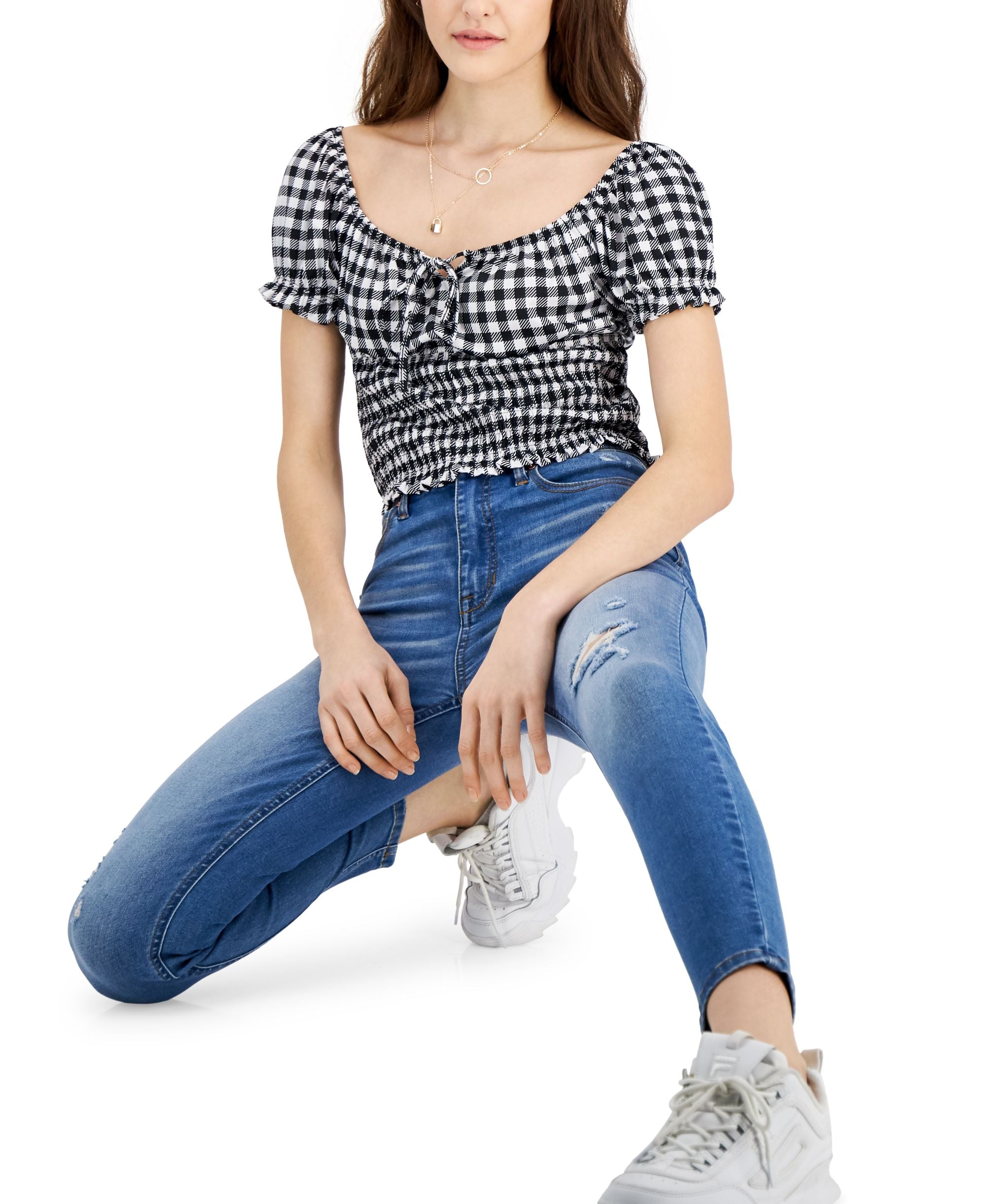 Juniors' Printed Smocked-Waist Top