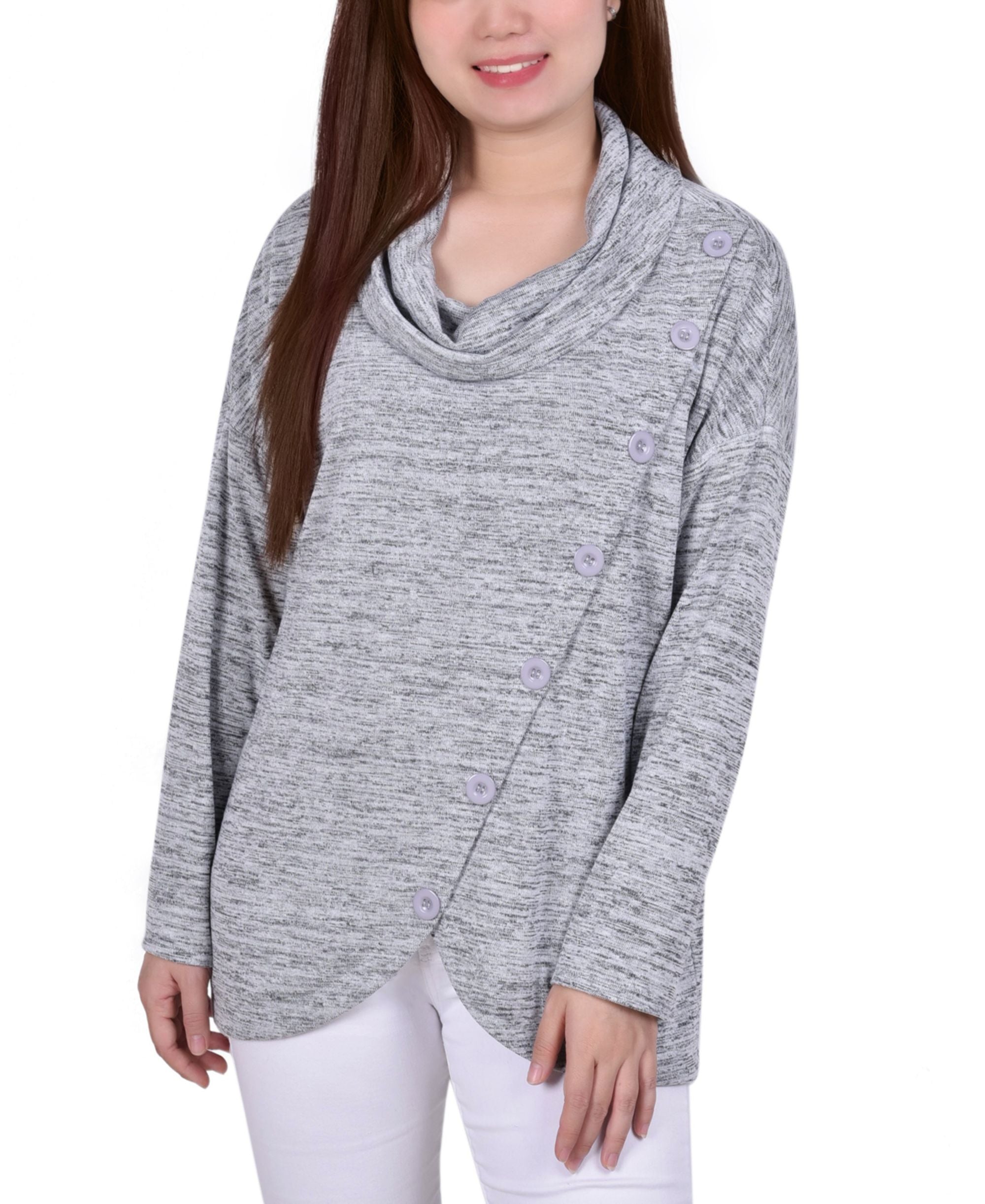 Petite Long Sleeve Cowl Neck Pullover With Buttons Top
