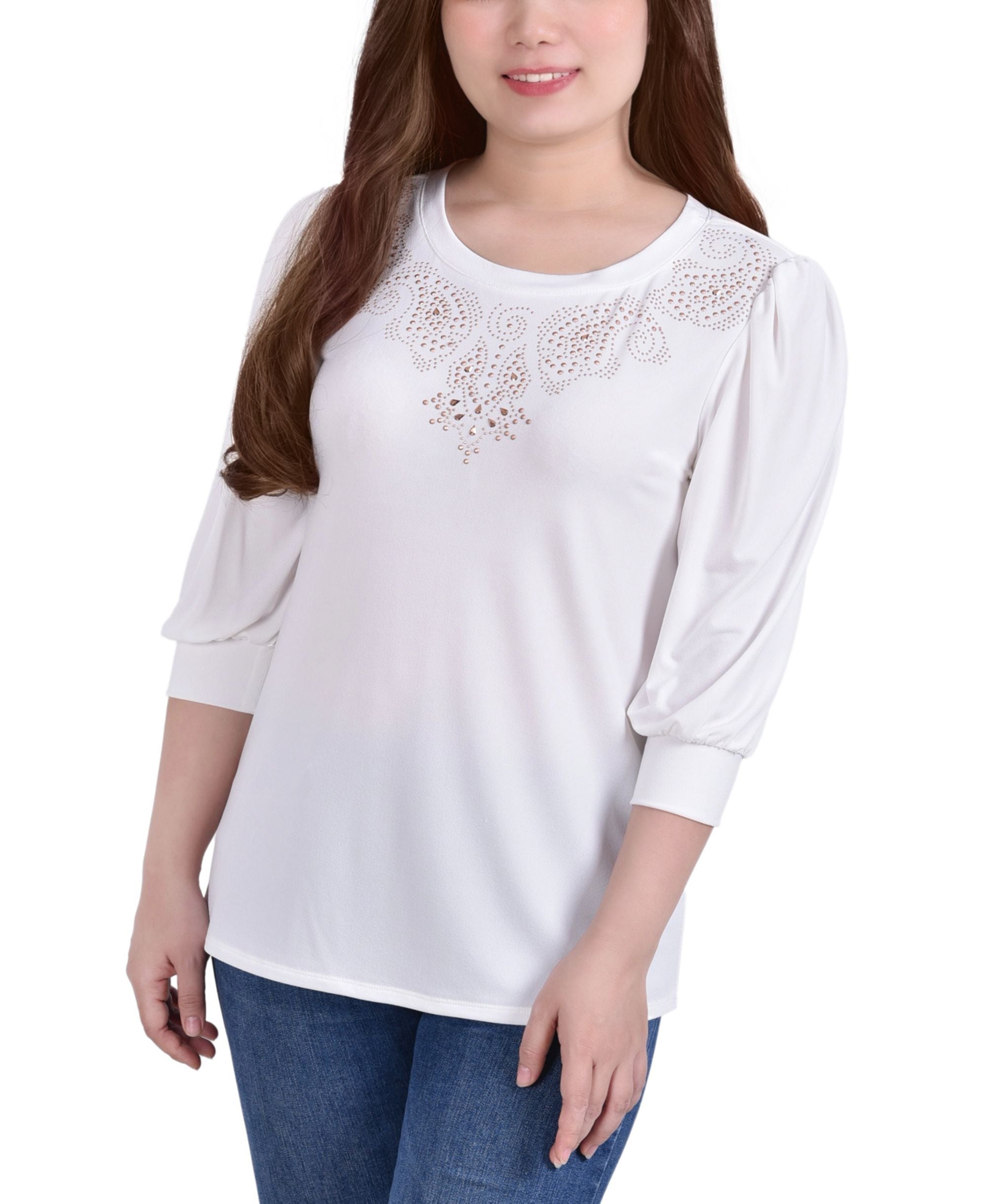 Petite Elbow Sleeve Crepe Studded Front Top
