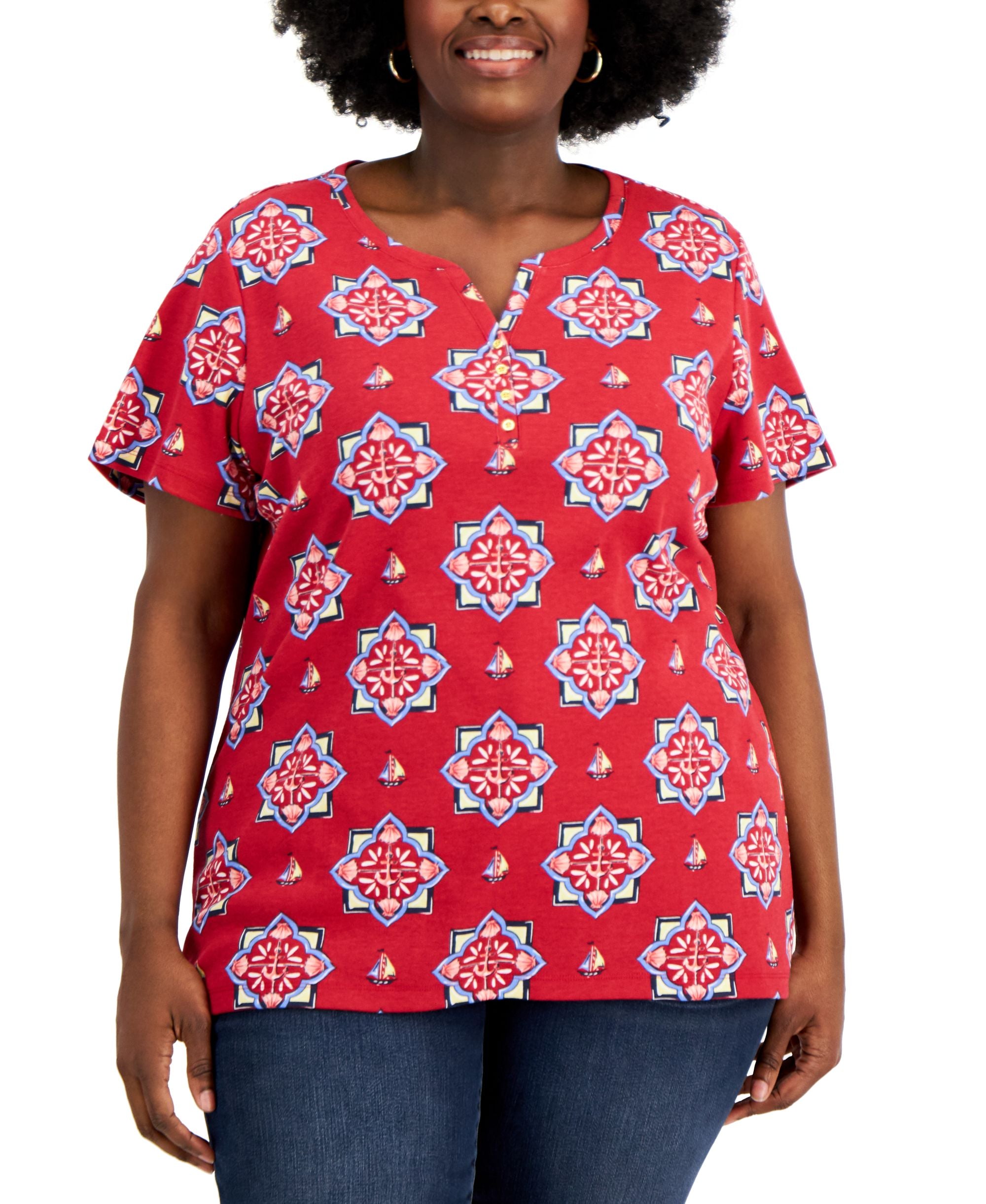 Karen Scott Plus Size Printed Split Neck Henley Top