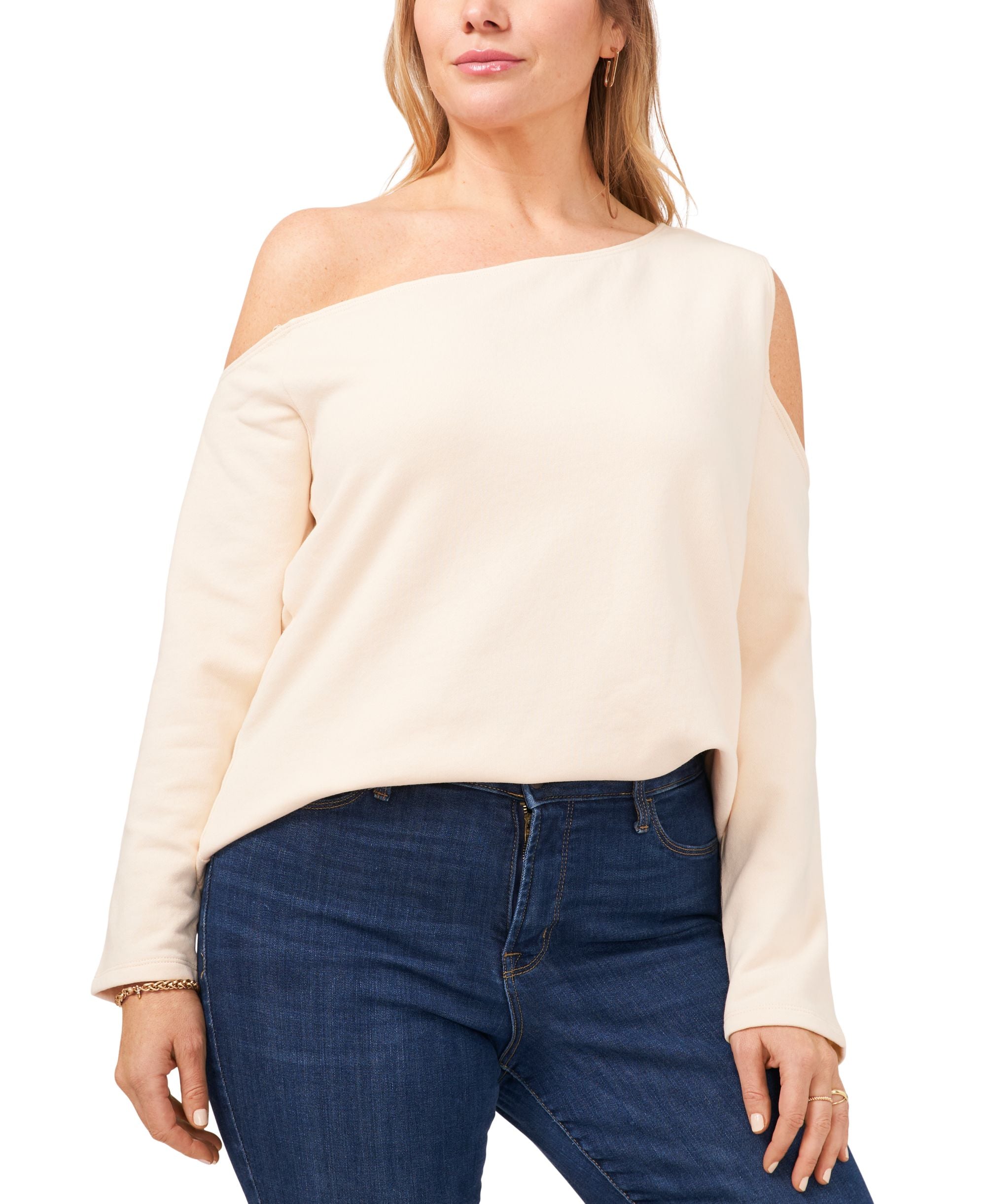 1.State Plus Size Asymmetrical Cold Shoulder Fleece Sweatshirt