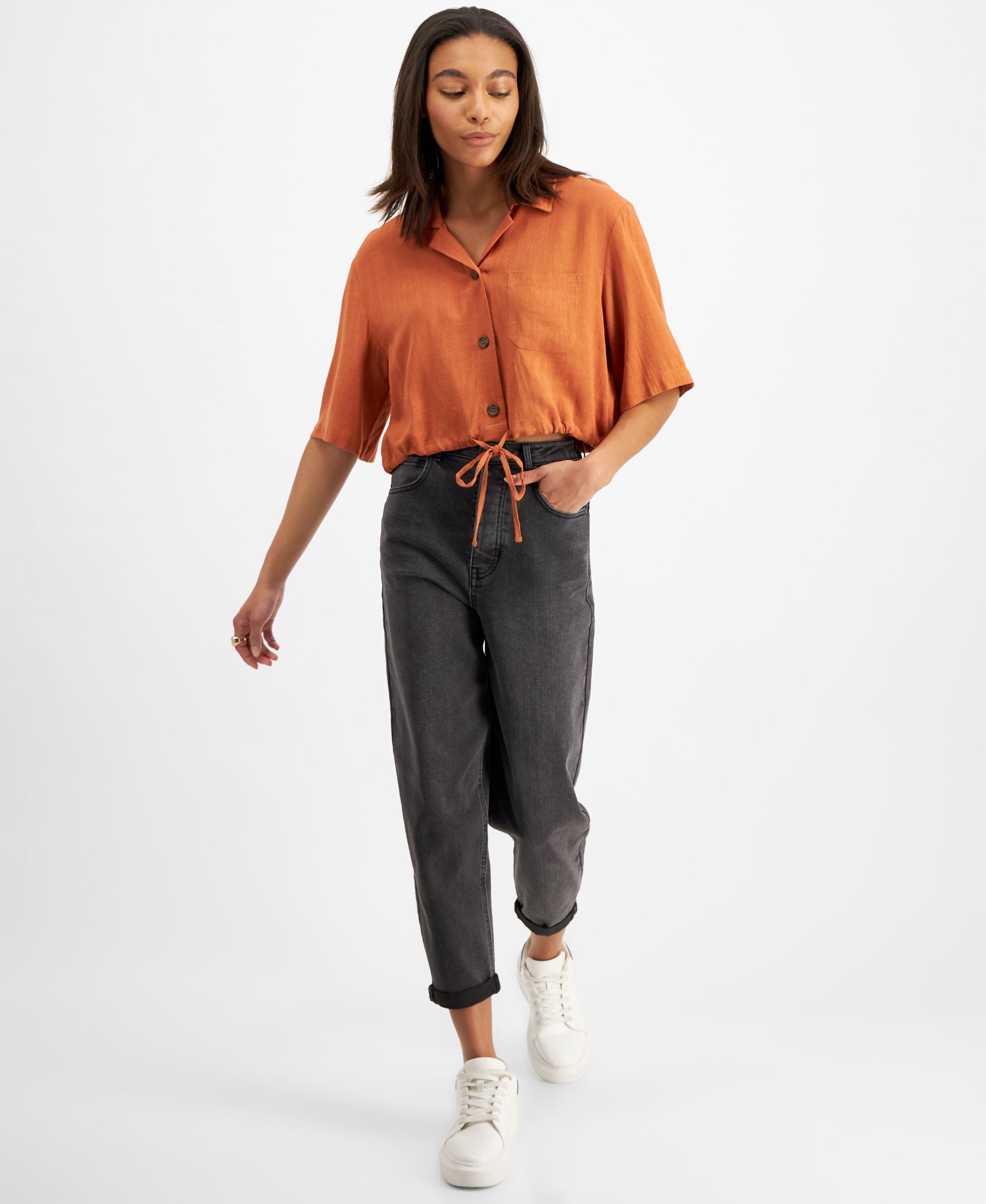Now This Womens Tie Hem Cropped Shirt