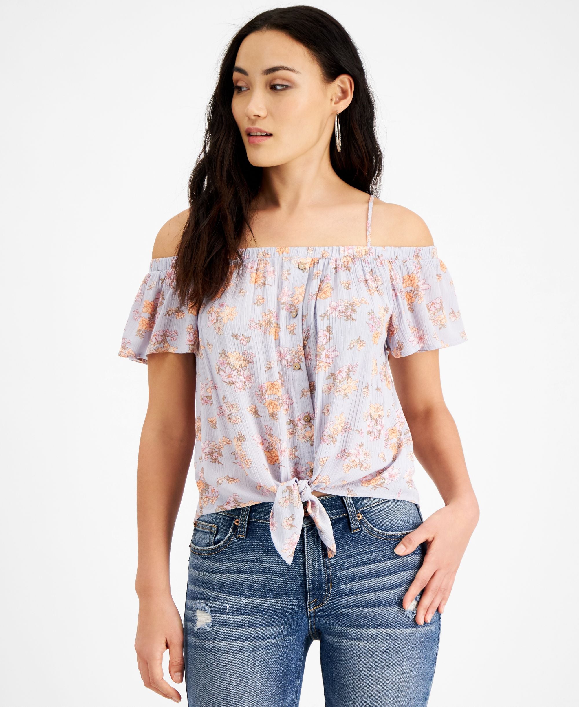 Hippie Rose Juniors' Floral-Print Off-The-Shoulder Top