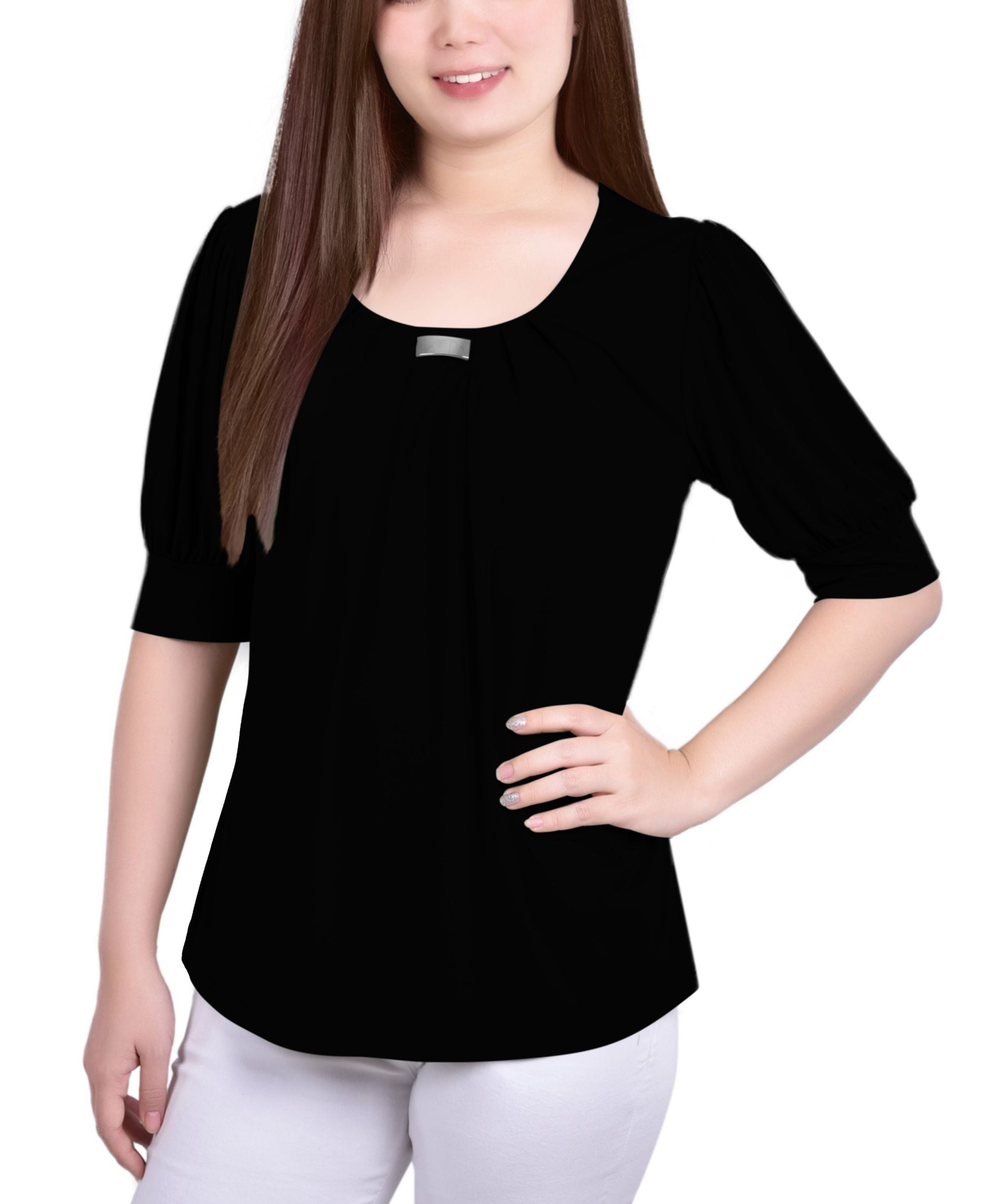 Women's Short Balloon Sleeve Top with Hardware